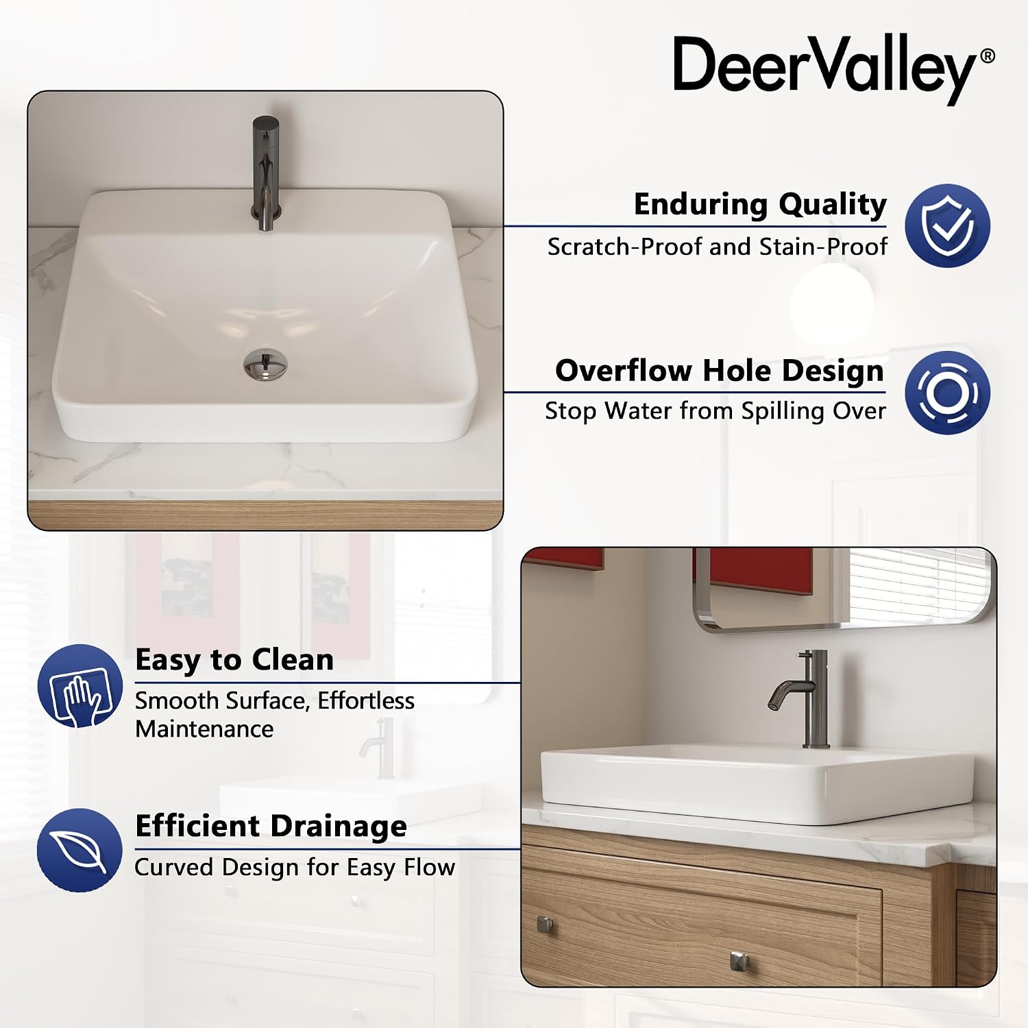 DeerValley Rectangle Semi Recessed Sink White 24"x19" Bathroom Modern Basin | Single Faucet Hole, Ceramic, Overflow, Semi Recessed Design, Ideal for Bathroom, Mall, Restaurant, School, Easy to Clean