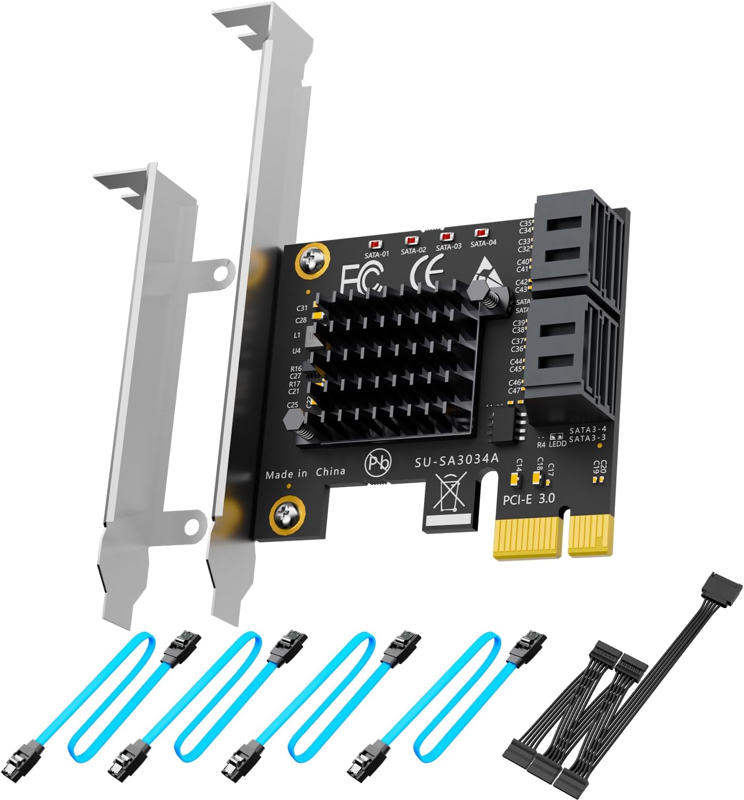 GLOTRENDS SA3034A 4 Ports PCIe SATA 3.0 Expansion Card, Support OS Booting, Including SATA Cables and 1:5 SATA Splitter Power Cable, Compatible with Windows, Linux, Mac OS, NAS