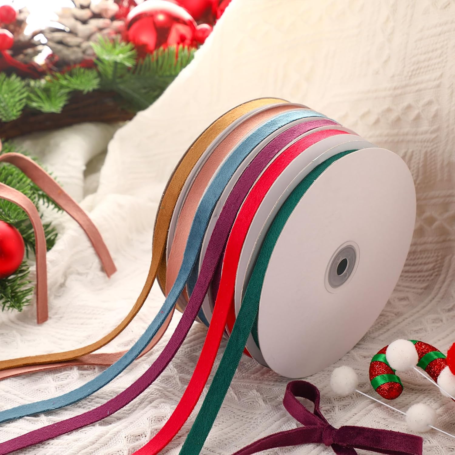 Yunlly 6 Rolls 3/8 Inch Christmas Velvet Ribbon for Gift Wrapping Bow 120 Yards Vintage Assorted Multicolored Craft Ribbon for Christmas Tree Wedding Decoration Ornament Making(Vivid Color)