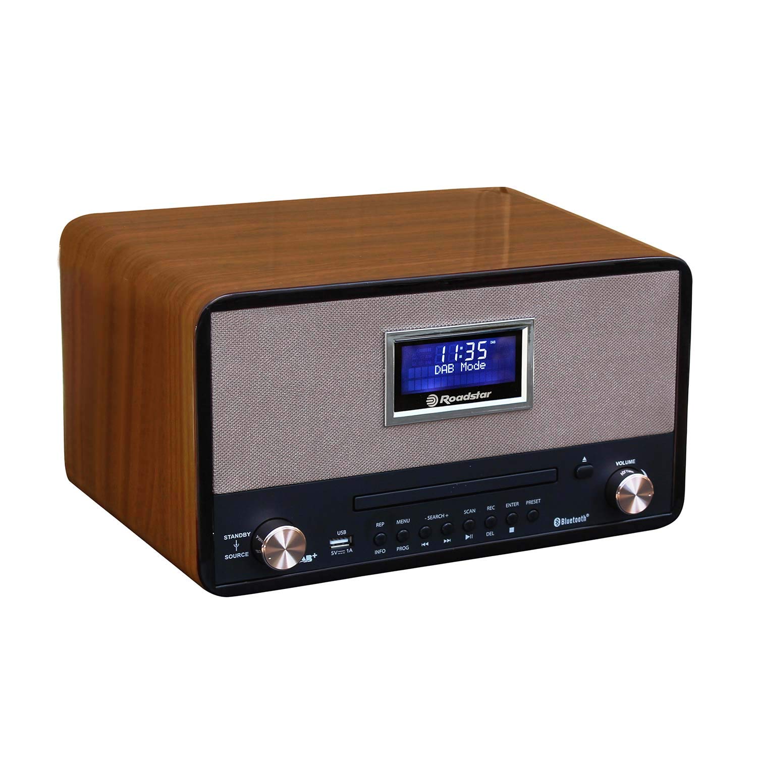 Roadstar DAB Nostalgie Retro-Radio mit Bluetooth und CD / MP3 Player im Holzgehäuse mit Weck-Funktion (USB, AUX-In, RDS), 2 x 15 Watt RMS, braun