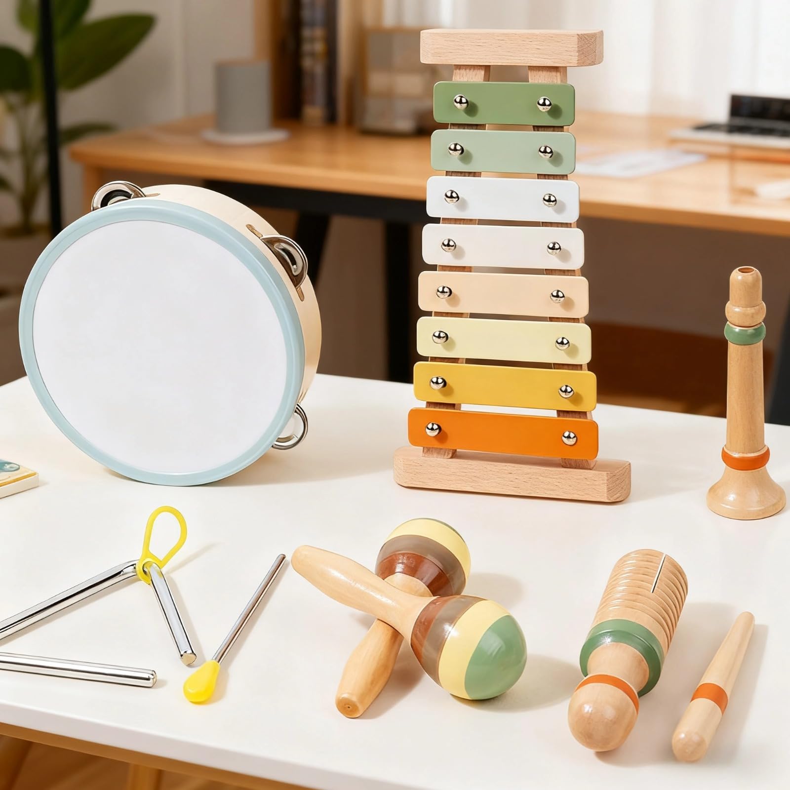 6-teiliges Holz-Percussioninstrumente-Set für Kleinkinder 1-3 Jahre, Xylophon, Guiro, Sandhammer, Horn, Tamburin, Triangel, Orff-Musikinstrumente für frühes Musizieren