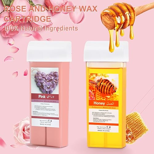 Miniatura 3 de Kit de cera enrollable, calentador depilatorio de cera enrollable para depilación con cartucho de cera de miel y rosa, 5 toallitas de cuidado antes