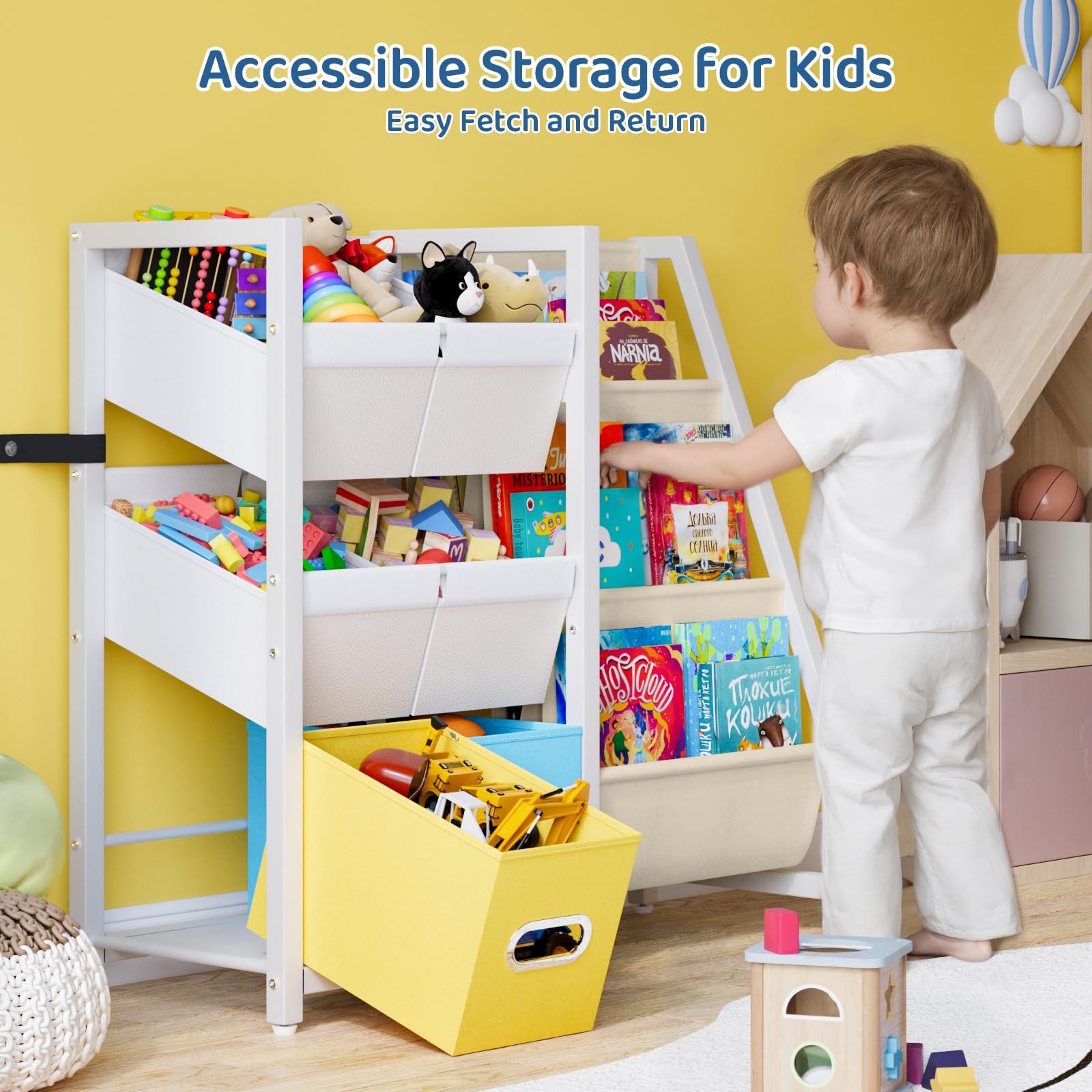 Estantería organizadora de juguetes para niños, estante para libros para habitaciones de niños, 6 contenedores de juguetes para niños y 3 eslingas para niños, estantería Montessori para guardería 5