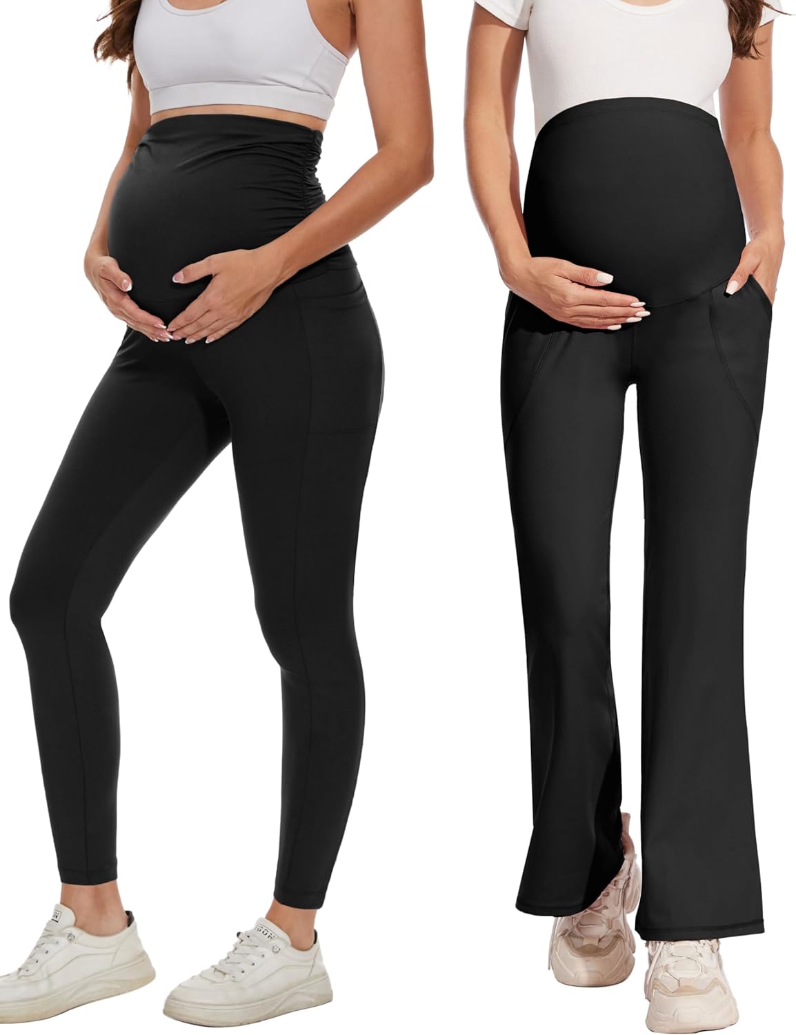 Fotociti 2 Pack Maternity Leggings and Flare Leggings with Pockets Over The Belly,Womens Pregnancy Workout Yoga Active Soft Tights Pants