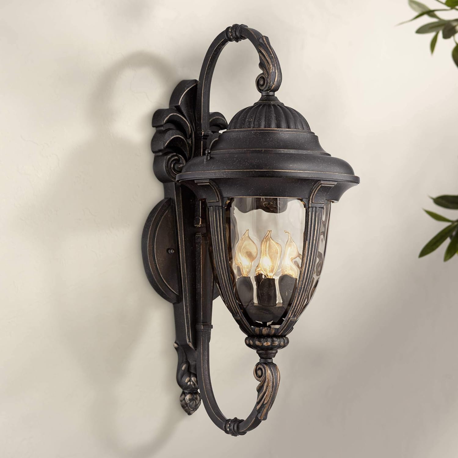 John Timberland Bellagio Outdoor Wall Light Fixture Veranda Bronze Aluminum Double Arm 27 1/2" Champagne Hammered Glass for Exterior House Porch Patio Outside Deck Garage Yard Front Door Home