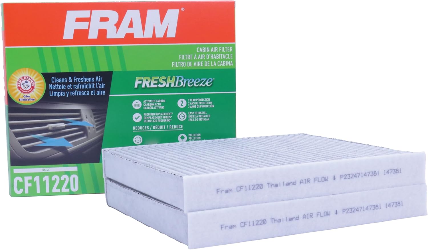 FRAM Fresh Breeze Cabin Air Filter Replacement for Car Passenger Compartment w/ Arm and Hammer Baking Soda, Easy Install, CF11220 for Select BMW Vehicles , white