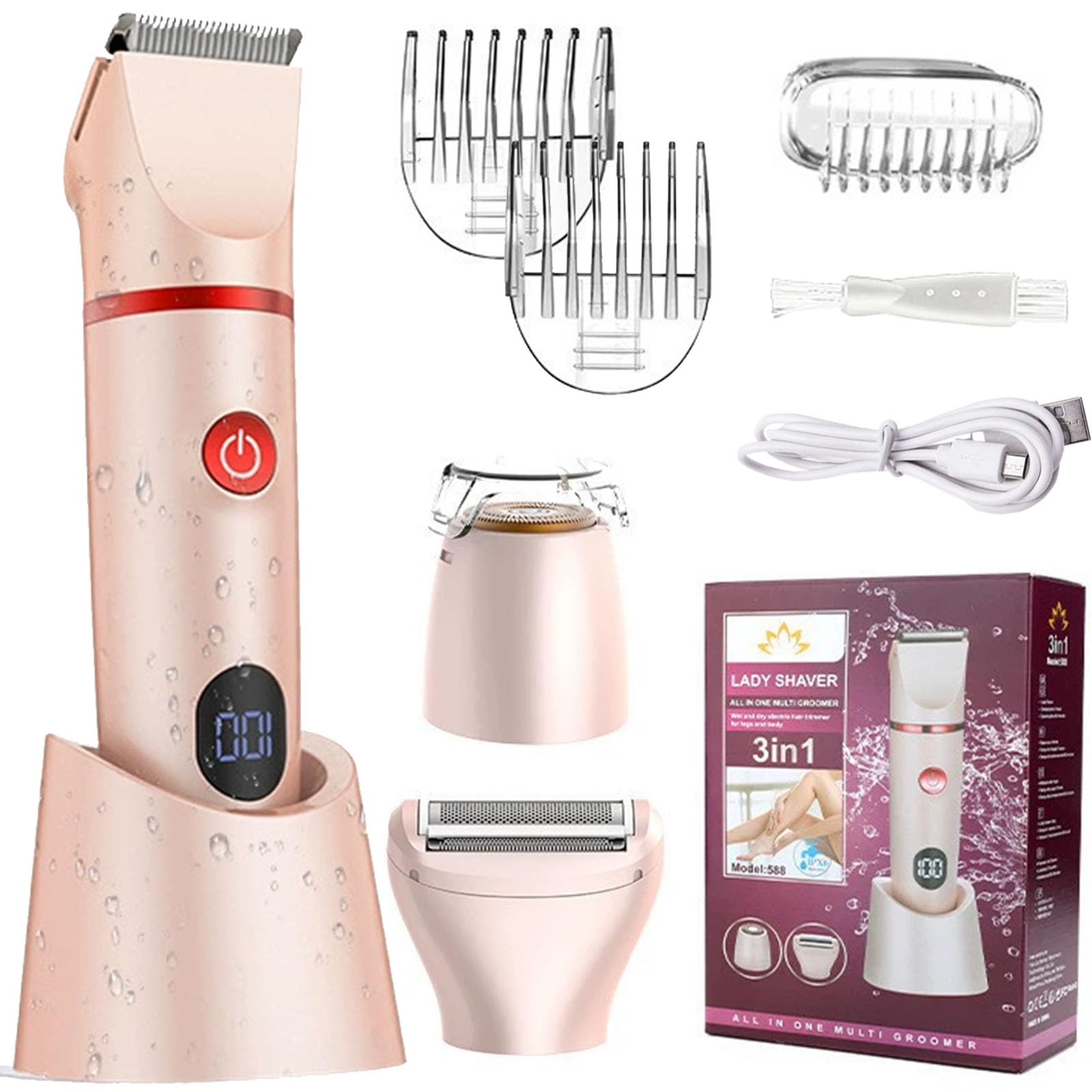 3 in 1 Elektrischer Körperhaartrimmer für Herren, IPX7 Wasserdichter Rasierer, LED-Display, Wet & Dry Haarschneider mit Keramikklinge, Intimbereich Bart Nase Gesicht Geschenk (C)