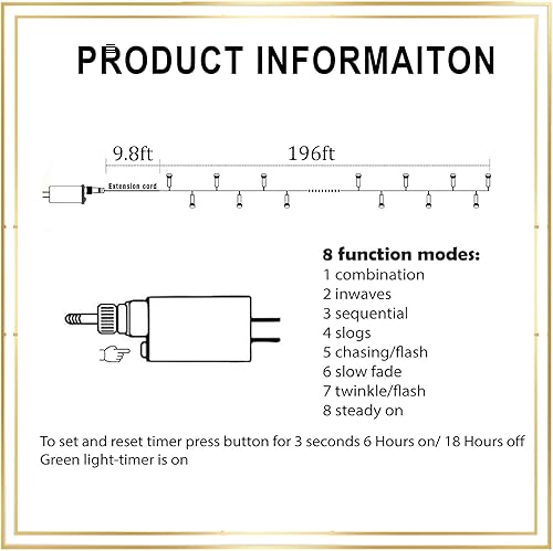 Miniatura 4 de Guirnalda de luces de Navidad para exteriores, 196 pies, 600 luces LED con 8 modos de iluminación, temporizador, decoraciones de Navidad