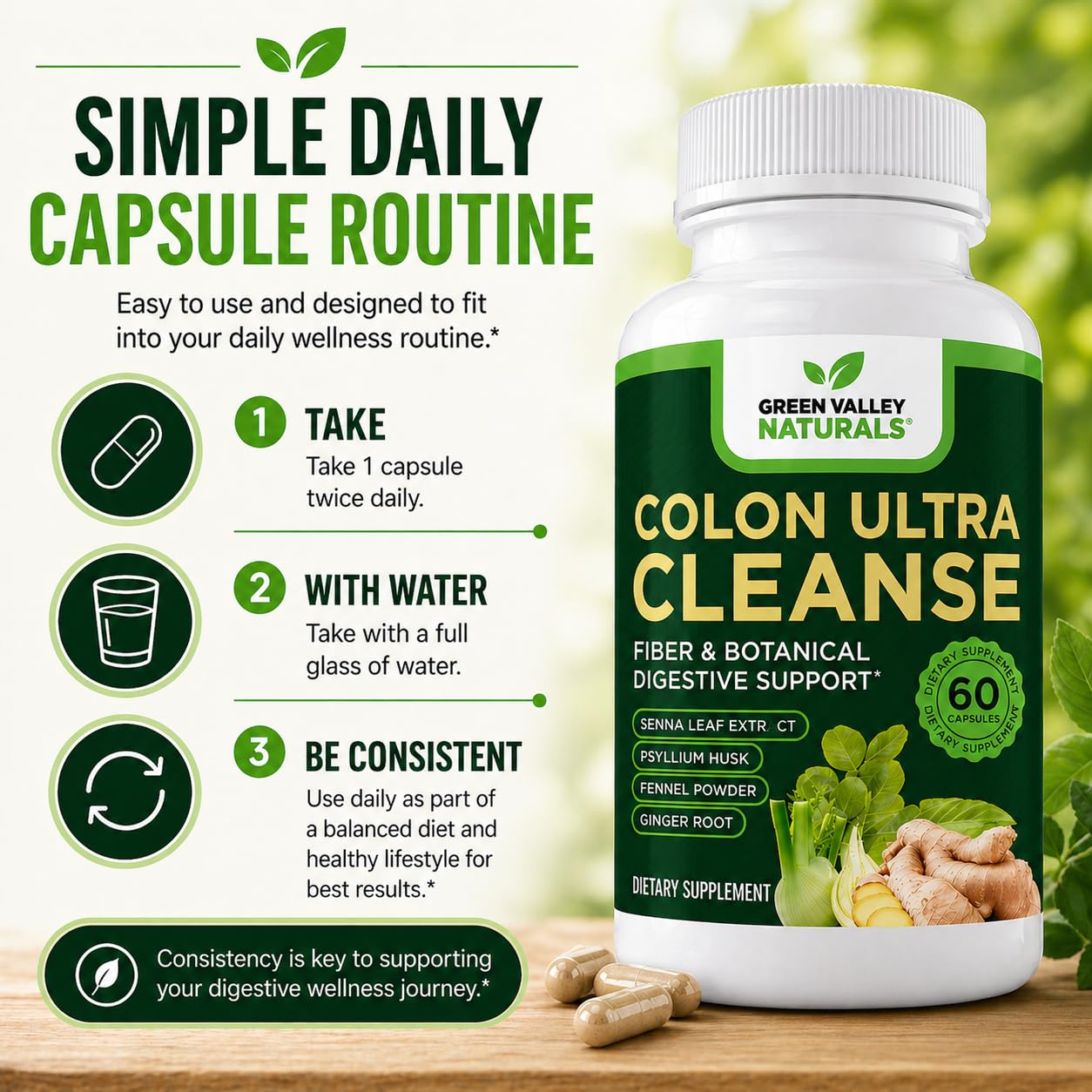 Colon Ultra Cleanse │ Daily Digestive Health & Regularity Support │ Psyllium Husk, Senna Leaf, Ginger & Fennel │ NAC & Goldenseal │ Non-GMO │ Made in USA │ 60 Capsules │ Green Valley Naturals — Amazon image 8