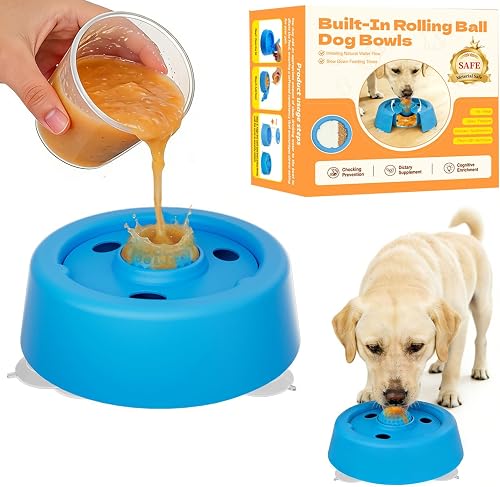 Slow Feeder Dog Bowls for Liquid Treat, Dog Enrichment Rolling Ball Lick Bowl, Non Slip Dogs Licking Bowl for Small Large Medium Breeds for Yogurt Bone Broth Food Dietary Supplement/Post-op Nutrition