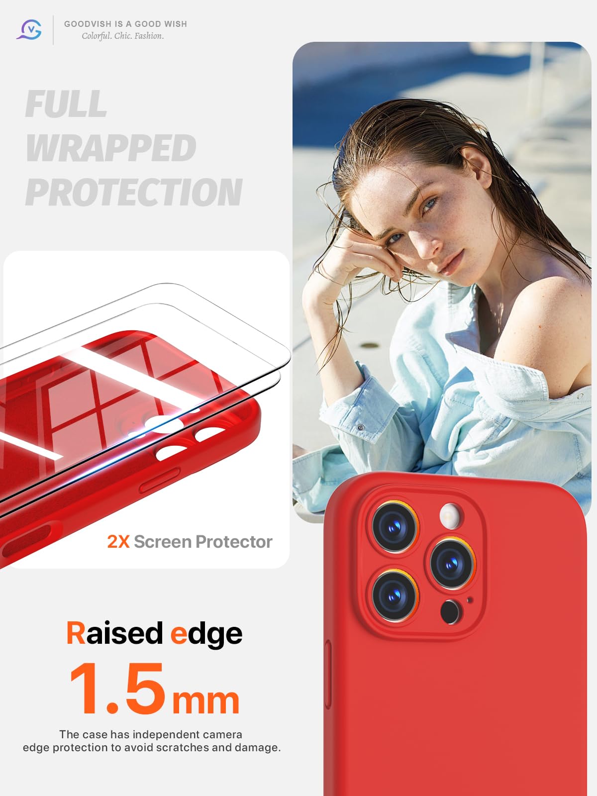 GOODVISH 3 in 1 Silicone Cover per iPhone 16 Pro Max 6.9", Custodia con 2 Pellicola Vetro Temperato [Protezione Fotocamera] 360° Protezione Anticaduta Case per Cellulare Antiurto Resistente, Rosso