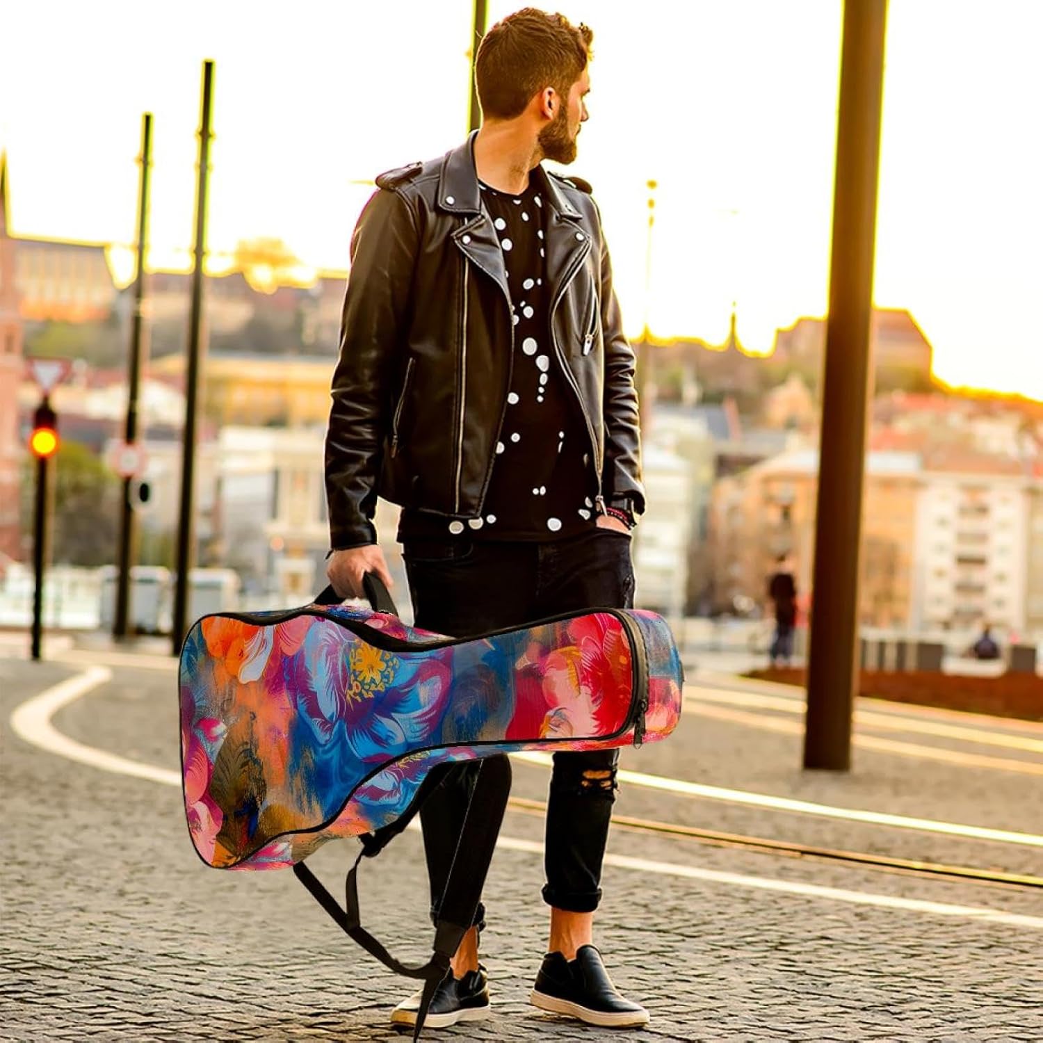 40 41 42 Inch Guitar Bags, Waterproof Padded Acoustic Guitar Case Backpack with Adjustable Shoulder Strap & Pockets, Colorful Abstract Floral Digital Design