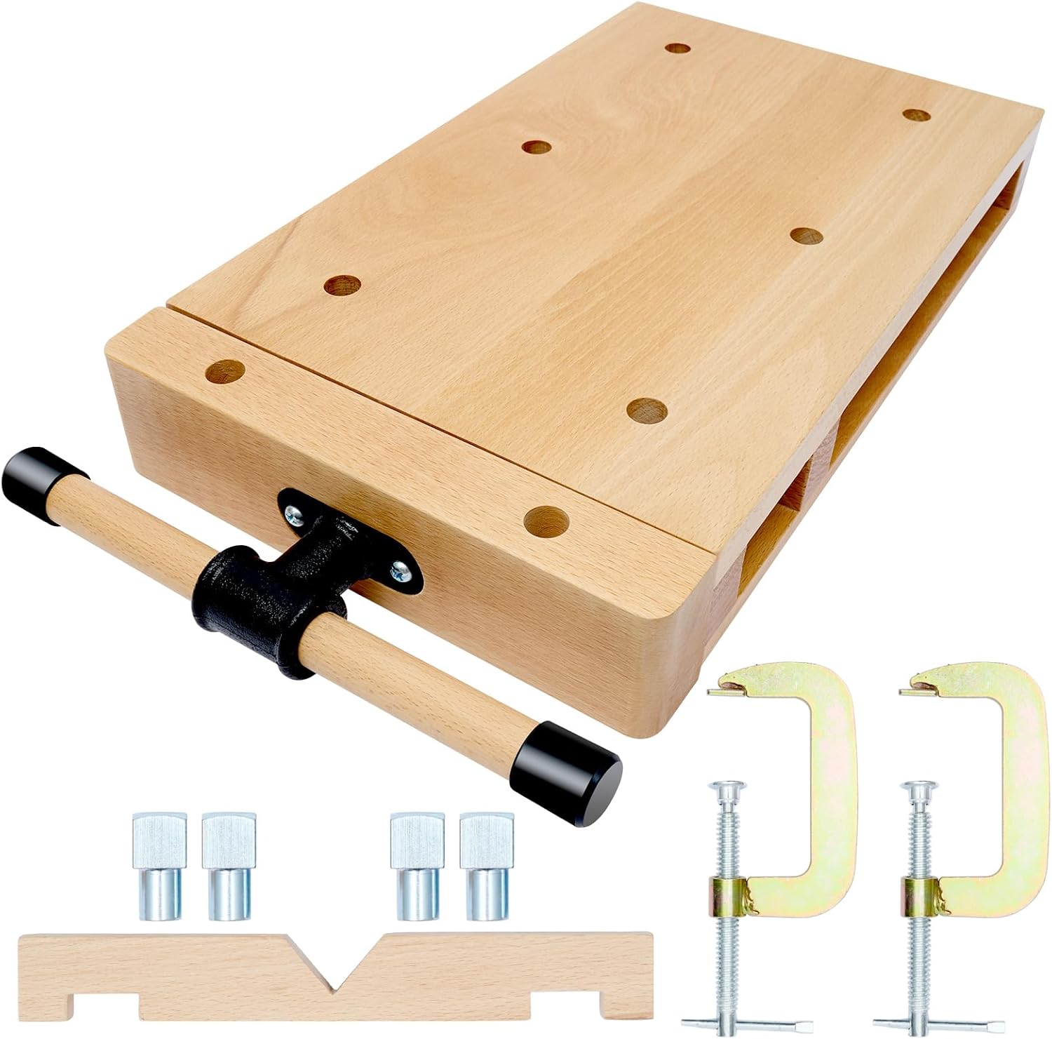 Woodworking Bench Vise - Portable Hard Wood Vise with 4 Bench Dogs, 2 Clips & G-Type Fixing Clips, Desktop Workbench Vise Kit for Workbench Top, Garage, Home & Woodworking Studios