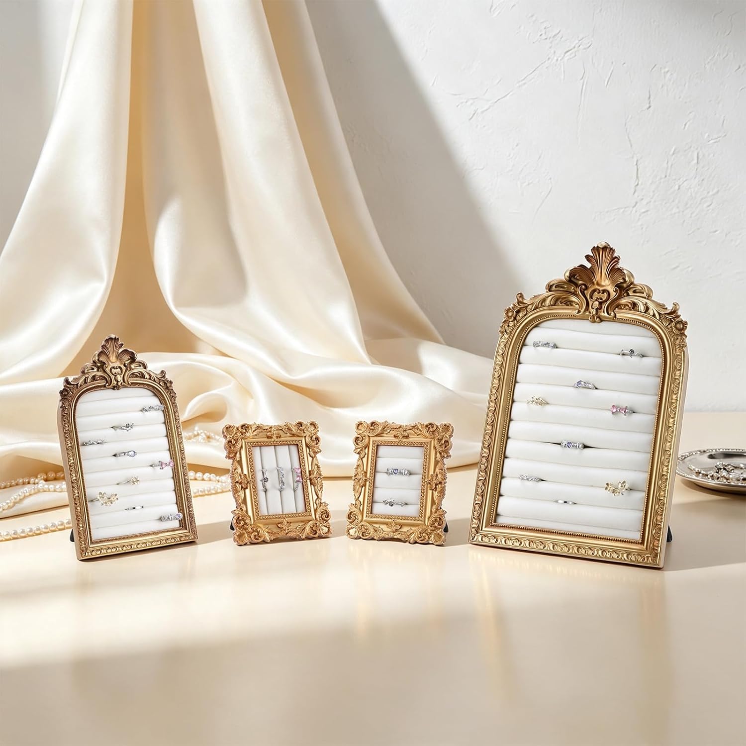 4 Pack Vintage Ring Holder, Baroque Suede Jewelry Box Stand