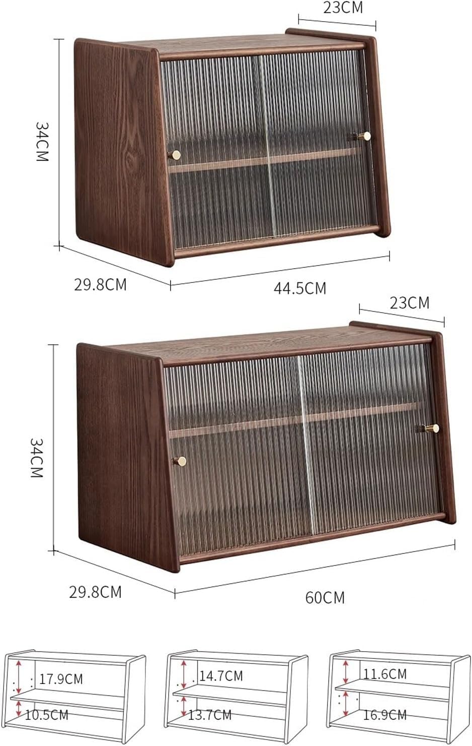 Small Solid Wood Kitchen Pantry Sideboard with 2 Sliding Striped Glass Doors, Freestanding Countertop(44.5cm)