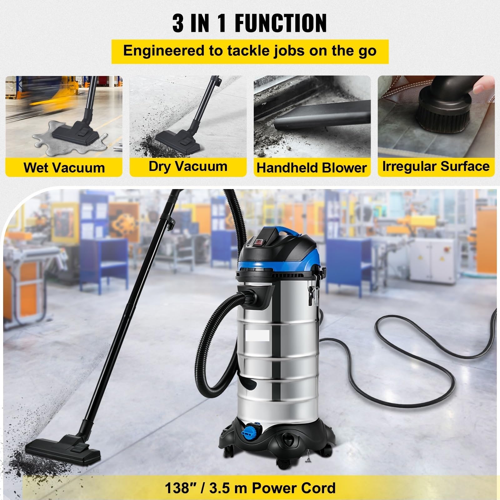 Colector de extractor de polvo Wet & Aspiradora en Seco 6.5-13.5 Gal. de filtración HEPA for la limpieza del hogar y del lugar de trabajo(11 Gallon (40 L))