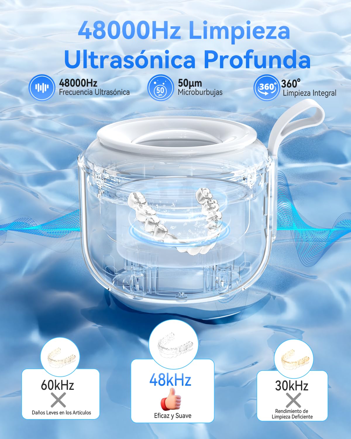 Jeatone Limpiador ultrasónico inalámbrico de 48 kHz, 125 ml, limpiador ultrasónico de prótesis con luz U-V para aparatos ortopédicos, cabezales de cepillo de dientes, joyas, 3 modelos, diseño portátil