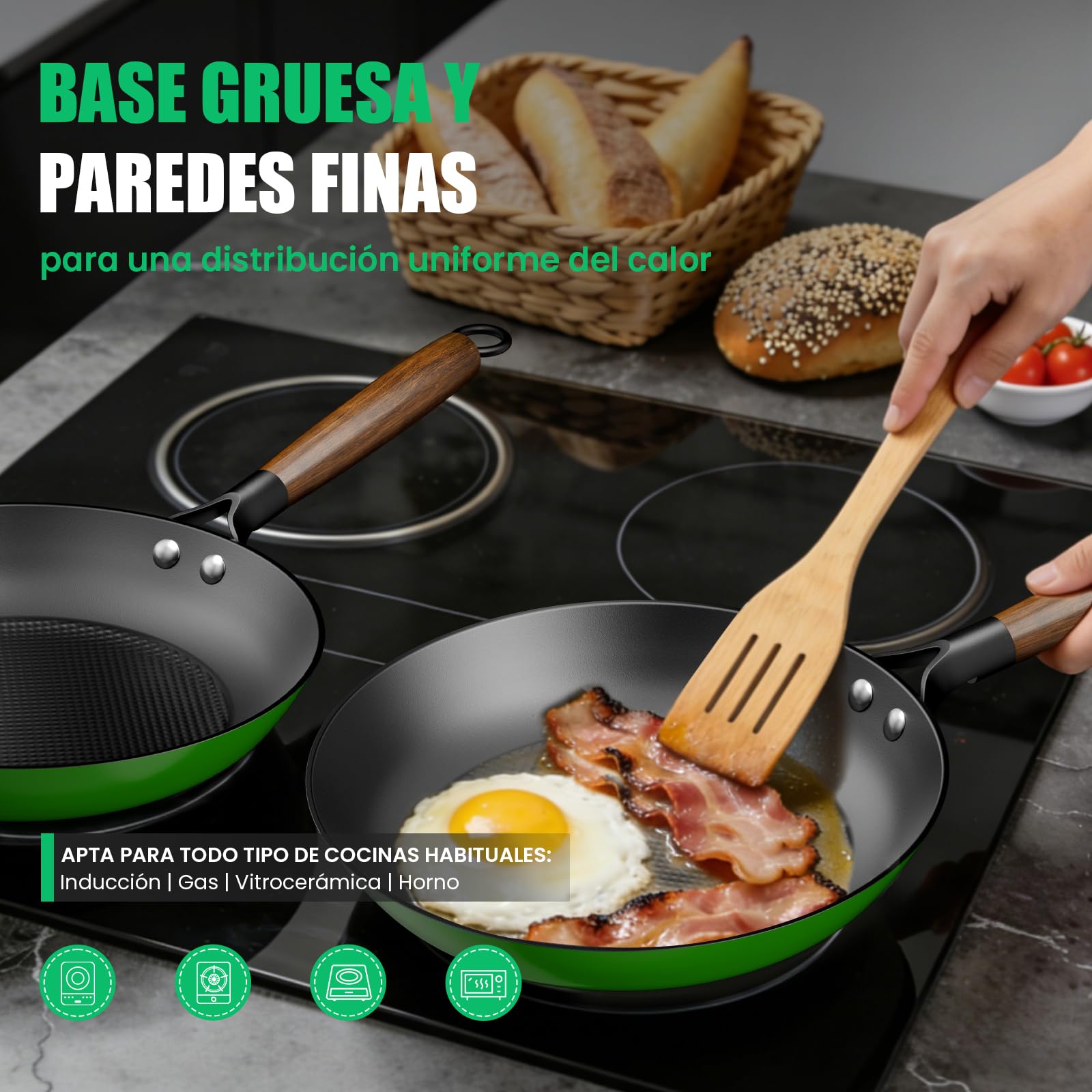 YUTANN Juego de Sartenes de Hierro Fundido Pre-sazonadas, Set de 3 Piezas, Apta para Inducción, Gas y Horno, Antiadherente Natural, Cocina Profesional | Sartenes de 20, 24 y 28 cm de diámetro, distribución uniforme del calor para inducción, gas, eléctrica