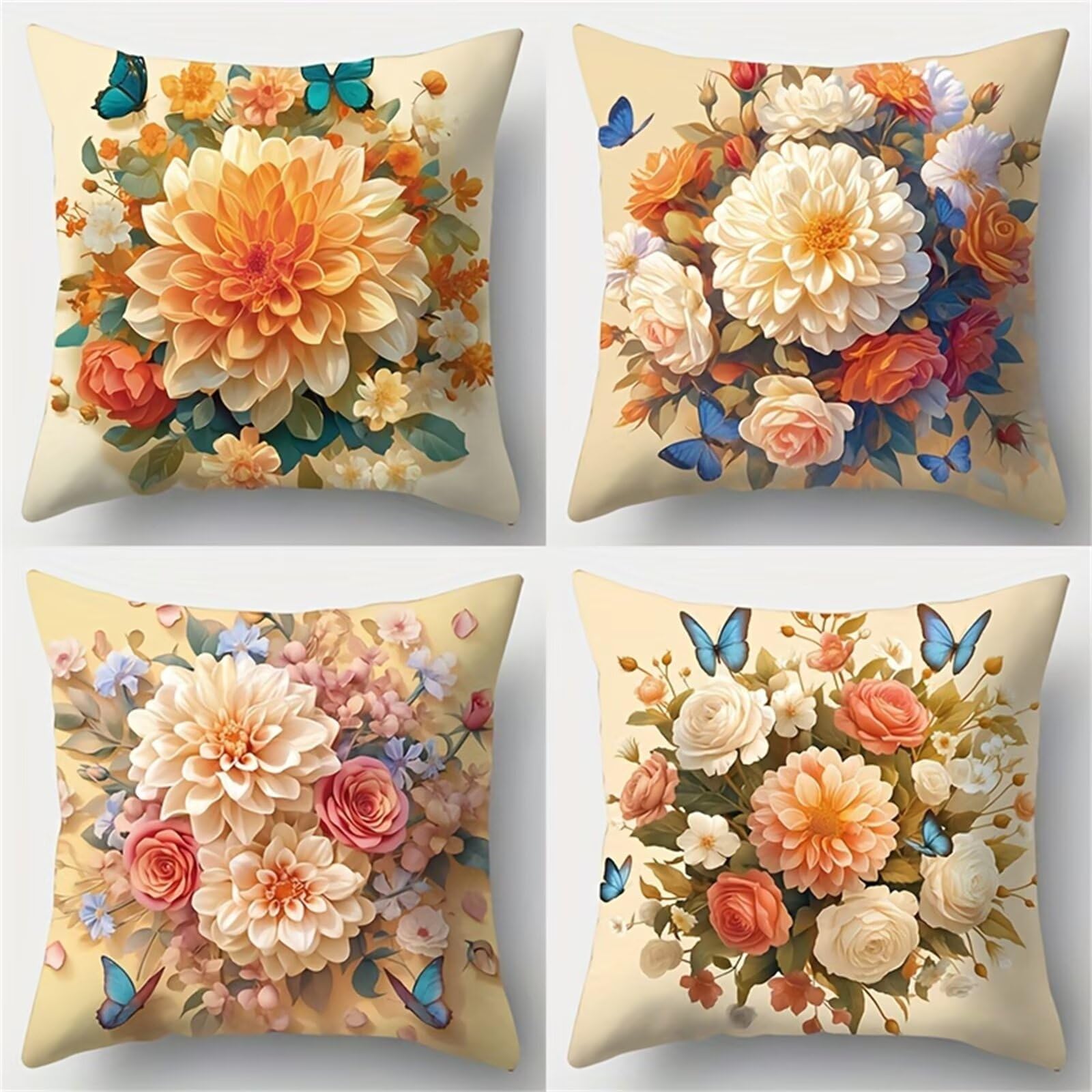 QiHon Cushion Covers 45x45 cm Set of 4 Yellow Dahlias Linen Square Pillow Cases 18x18 inch Modern Decorative Throw Pillow Covers for Sofa Couch Bedroom Home Office with Invisible Zipper