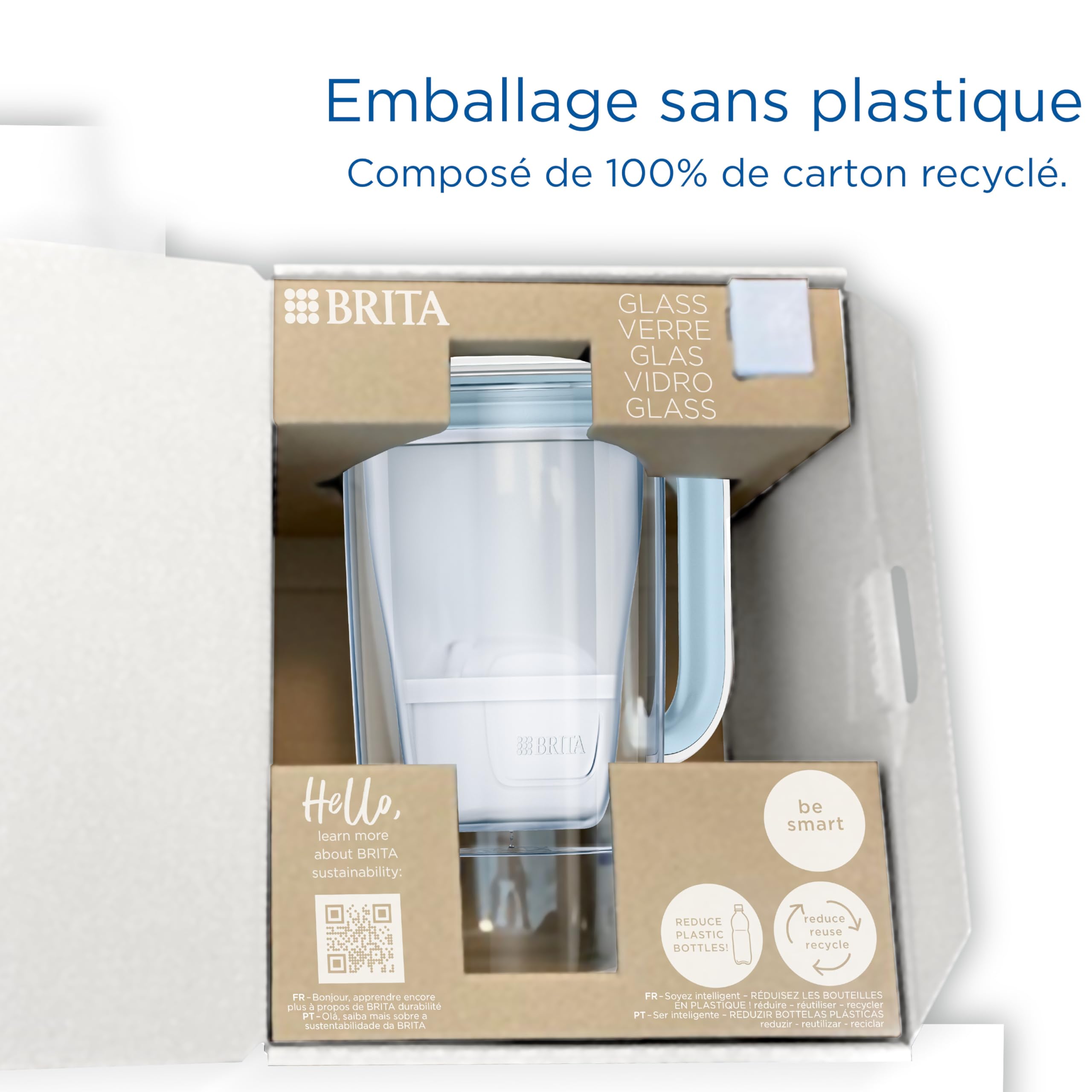 BRITA Carafe Filtrante Verre Bleue (2,5l) incl 1 cartouche filtrante eau robinet MAXTRA PRO All-in-1 réduit PFAS, calcaire, chlore, certaines impuretés et métaux indicateur temps et volume versé