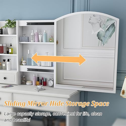 Miniatura 3 de HZANHY Escritorio de tocador con espejo y luces para maquillaje, moderno escritorio de tocador con espejo, juego de tocador con 6 cajones y banco,