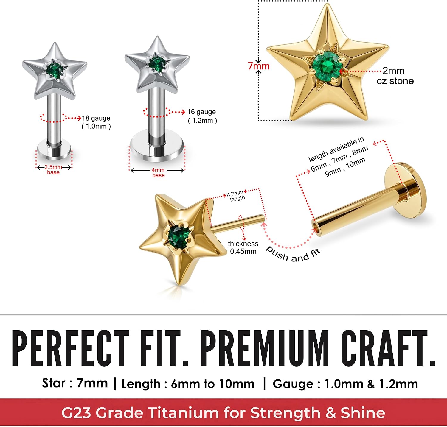 G23 Grade Titanium Five-Point Star with Green Cz Stone Design Push Fit Top 16 Gauge , 18 Gauge - 6mm , 7mm , 8mm , 9mm , 10mm Length Flat Back Lip Labret Stud - Tragus Earring - Cartilage , Helix - Tragus Piercing Jewelry