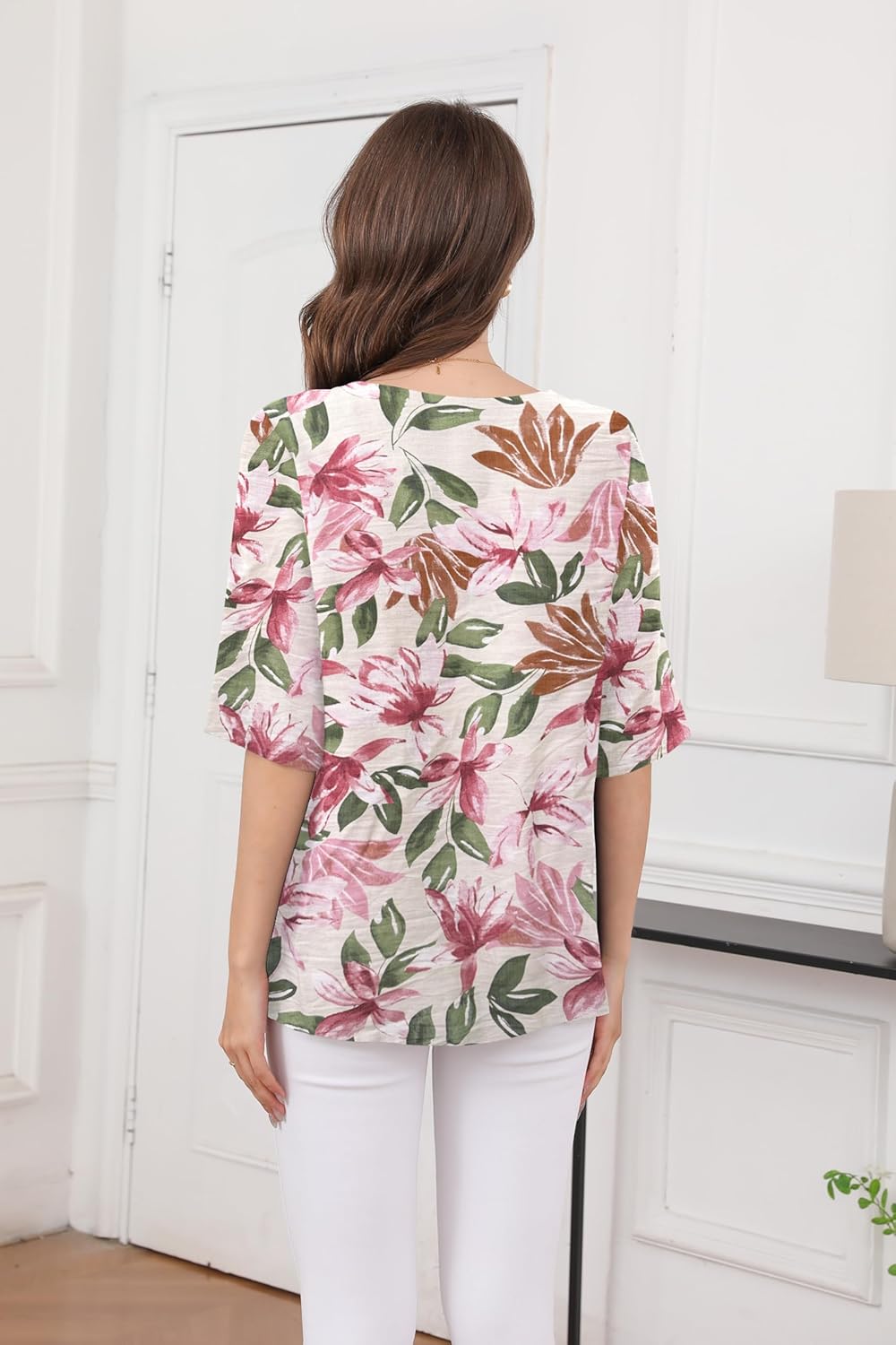 TASAMO Womens Tops 3/4 Sleeve Shirts Round Neck Loose Casual Blouses Floral Print Tshirts - Image 2