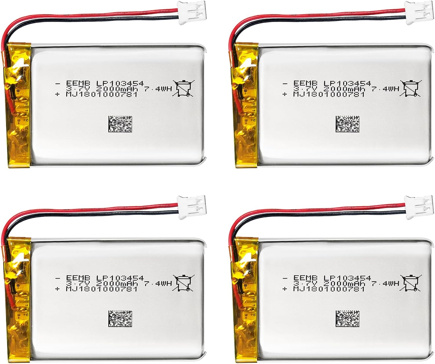 EEMB 4PACK Lithium Polymer Battery 3.7V 2000mAh 103454 Lipo Rechargeable Battery Pack with Wire JST Connector for Speaker and Wireless Device- Confirm Device & Connector Polarity Before Purchase