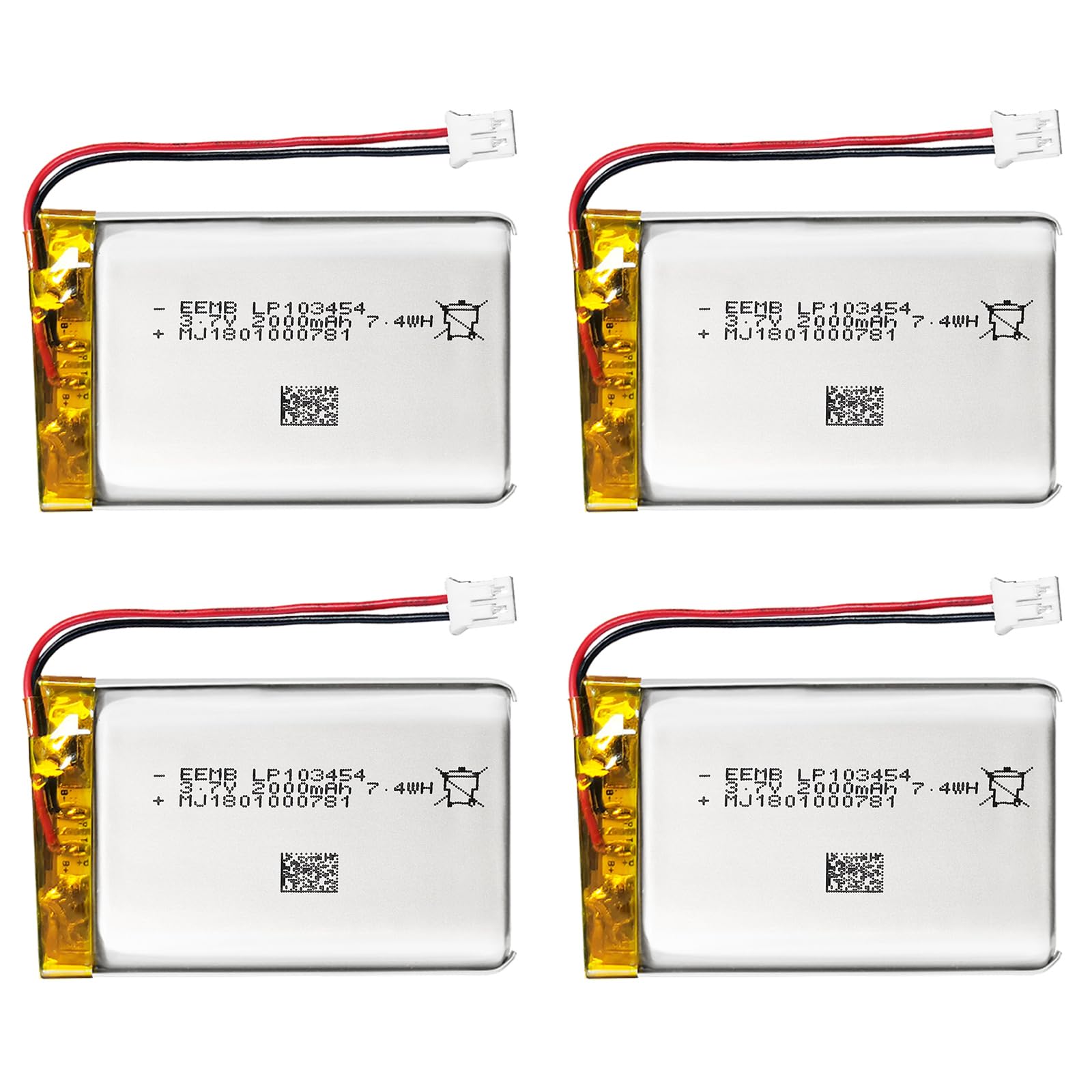 EEMB 4PACK Lithium Polymer Battery 3.7V 2000mAh 103454 Lipo Rechargeable Battery Pack with Wire JST Connector for Speaker and Wireless Device- Confirm Device & Connector Polarity Before Purchase