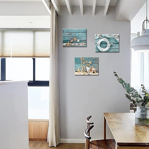 Miniatura 5 de Biuteawal - 3 piezas de lienzo para pared, diseño de concha de estrella de mar sobre tablero verde azulado, impresiones de playa, naturaleza, lienzo