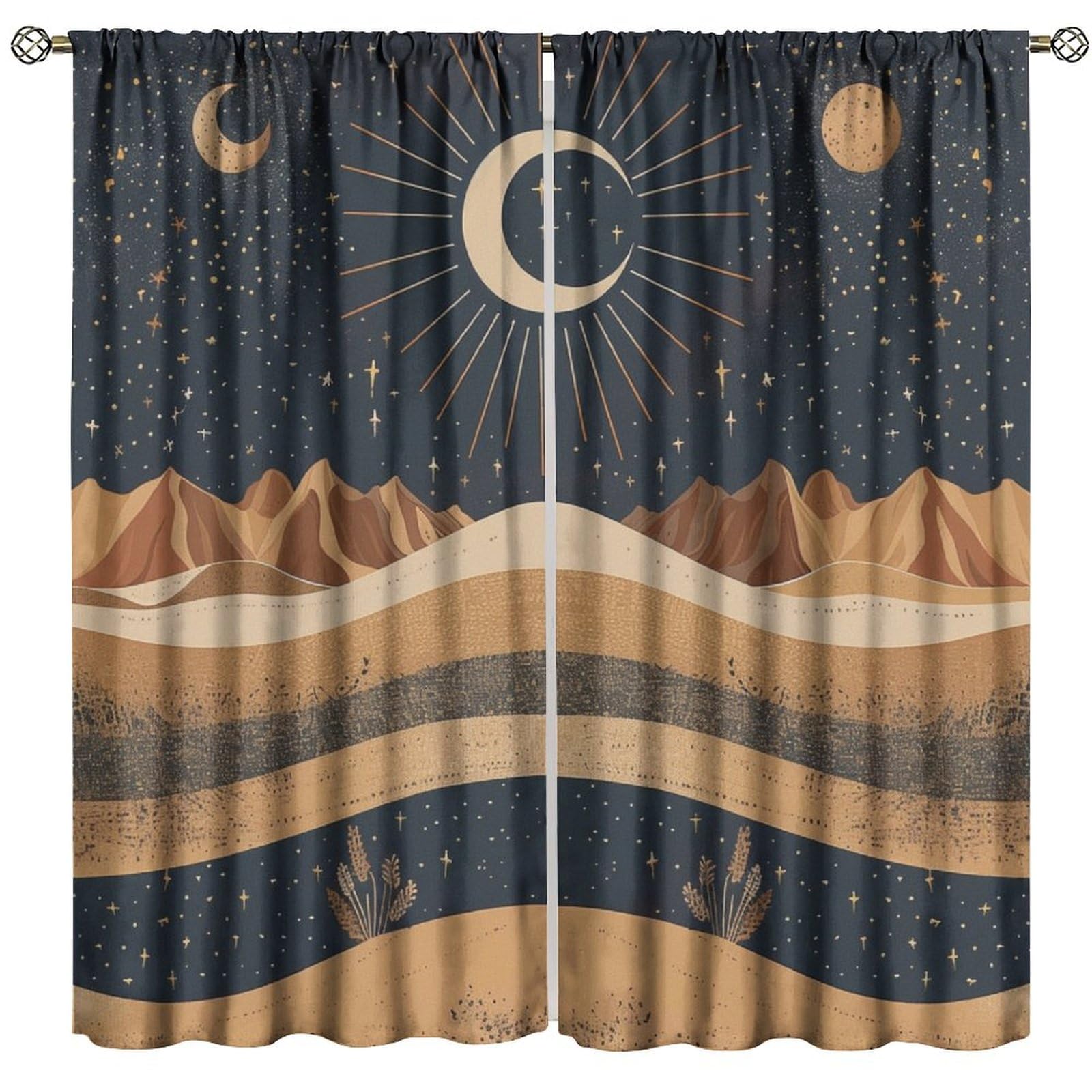 GoDazzling Sun Moon Blackout Curtains, Abstract Mid Century Desert Mountains Sun Moon Boho Landscape Window Drapes, for Bedroom Living Room 84" W X 84