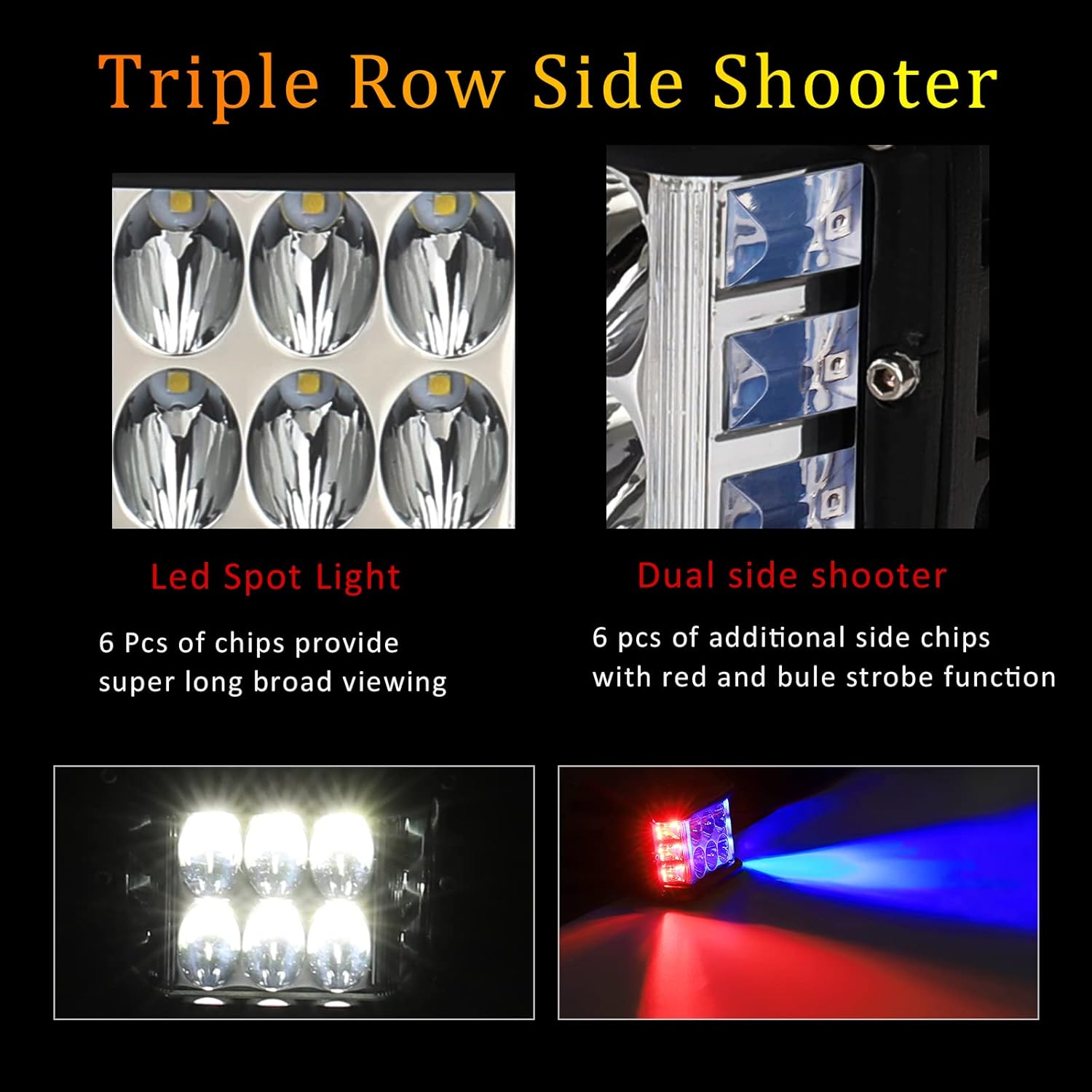 Dual Side Shooter LED Pod Lights with Red & Blue Strobe Pods 4 Inch Off Road Led Driving Lights Fit for 4x4 JEEP Truck Boat ATV SUV UTV