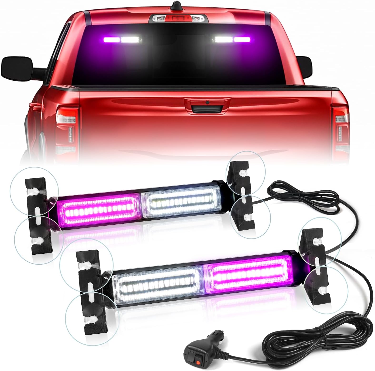 HLauto 1002L Emergency Strobe Traffic Advisor Light Bar: 40 LED Dash Safety Warning Flashing Light, Front/Rear Windshield for Construction Vehicle, Tow/Plow Truck (2x10.7inch, Purple White)