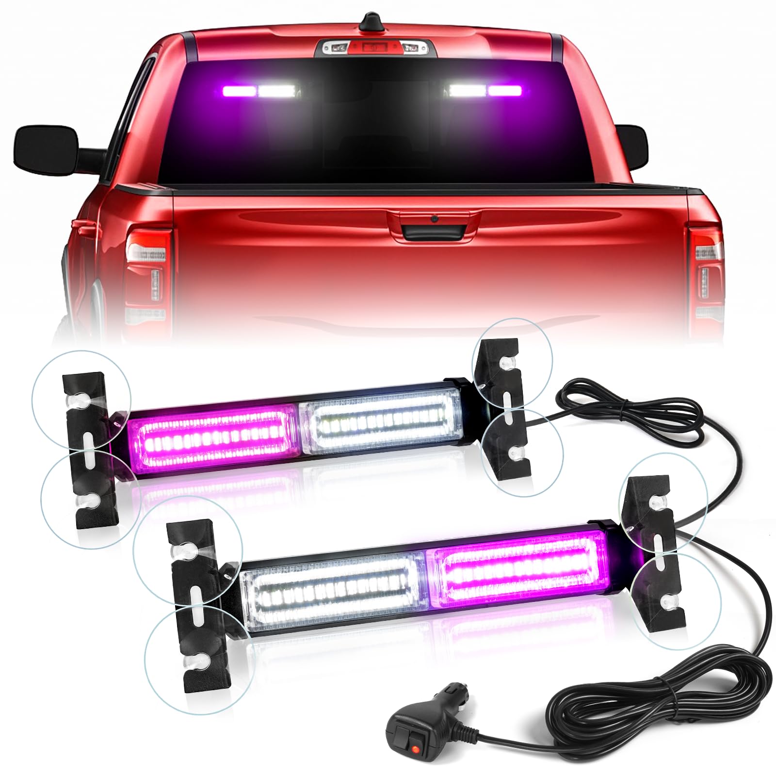 HLauto 1002L Emergency Strobe Traffic Advisor Light Bar: 40 LED Dash Safety Warning Flashing Light, Front/Rear Windshield Light for Construction Vehicle, Tow/Plow Truck (2x10.7inch, Purple White)