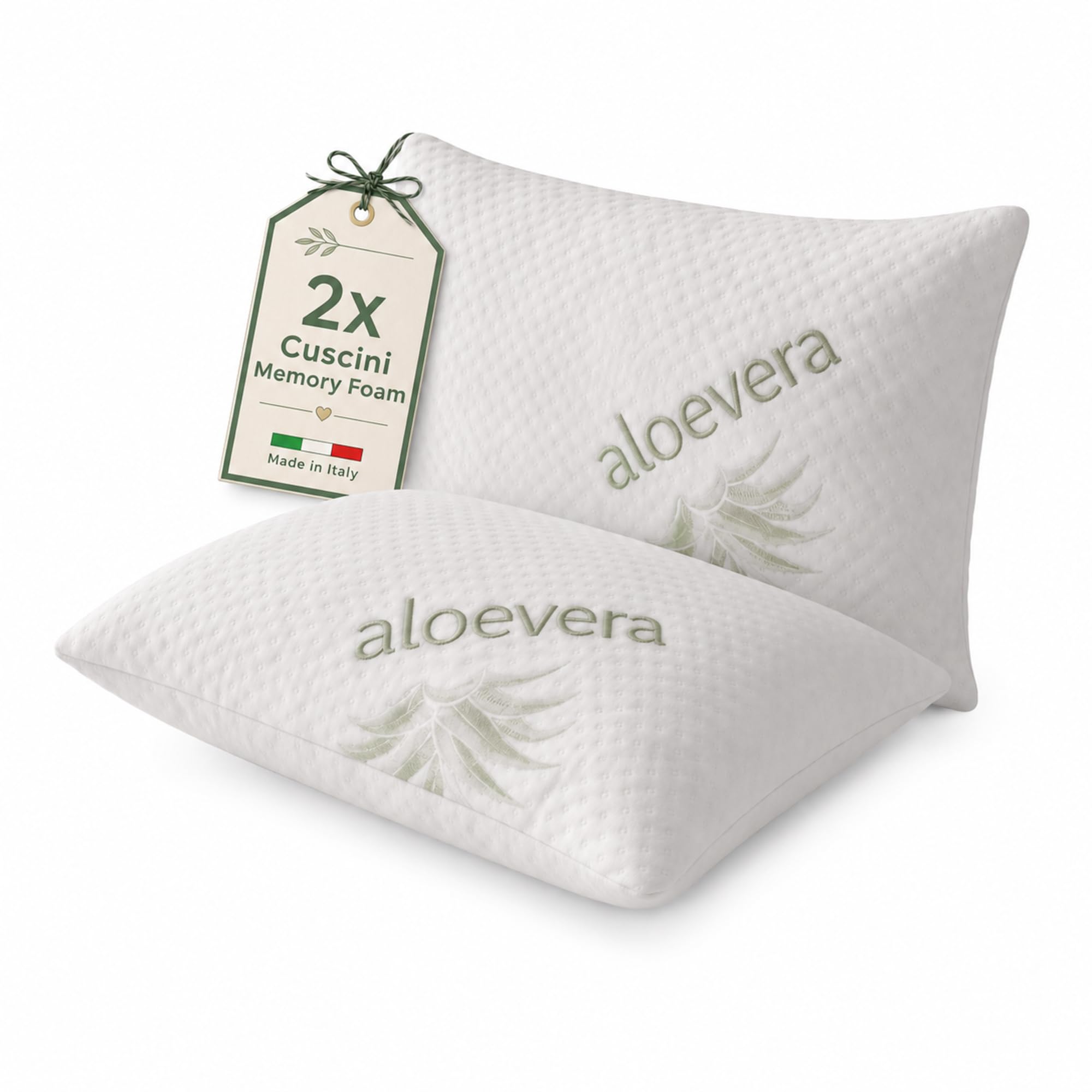 Materassi Russo Coppia Cuscini Memory Foam 40x70 cm, Altezza 11 cm, Guanciali Letto Modello Saponetta Medio Morbidi con Fodera Aloe Vera Sfoderabile, Made in Italy