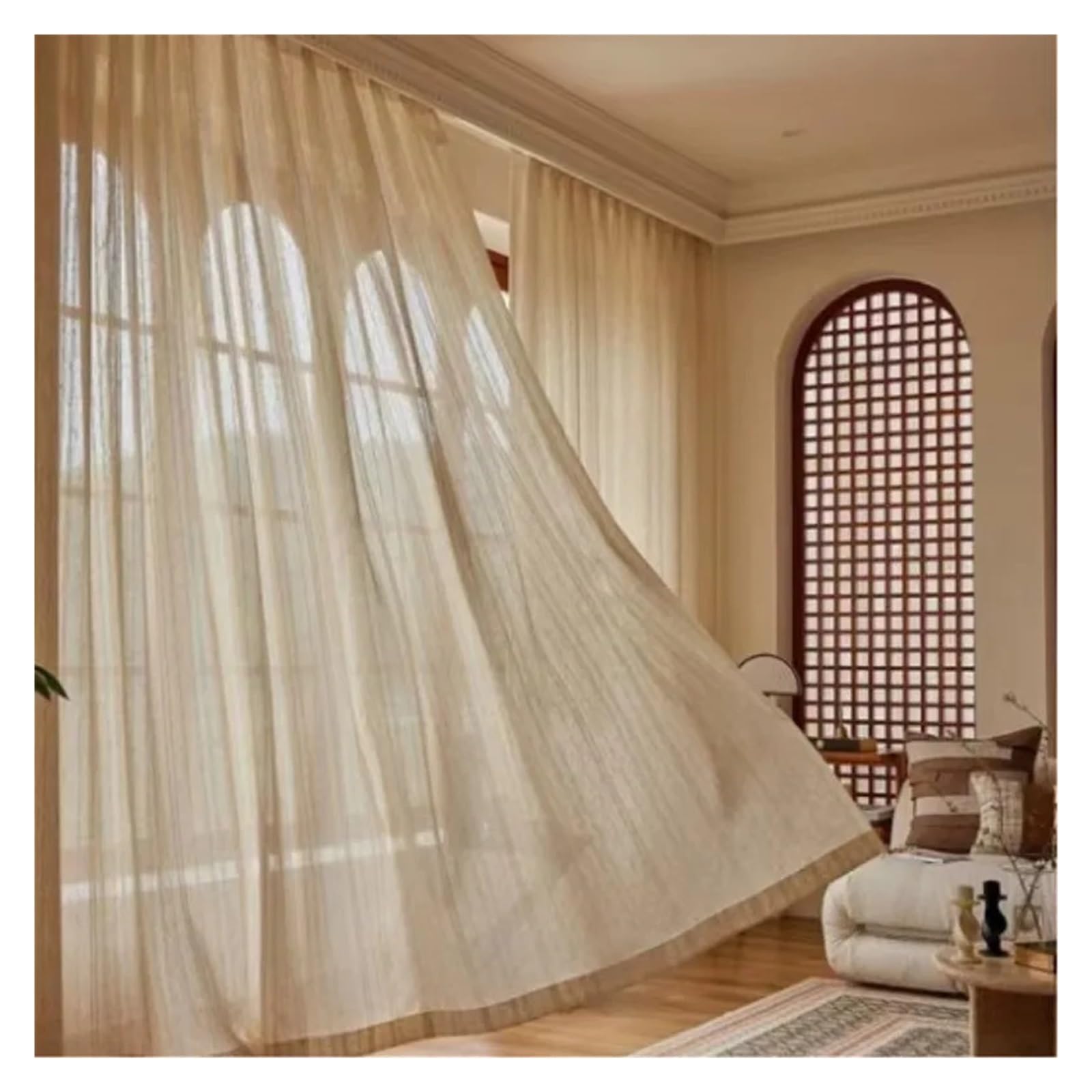 YGMNQAL 1/2 Panles Striped Linen Gauze Curtains, Living Room(Beige 1PC,220x260cm)