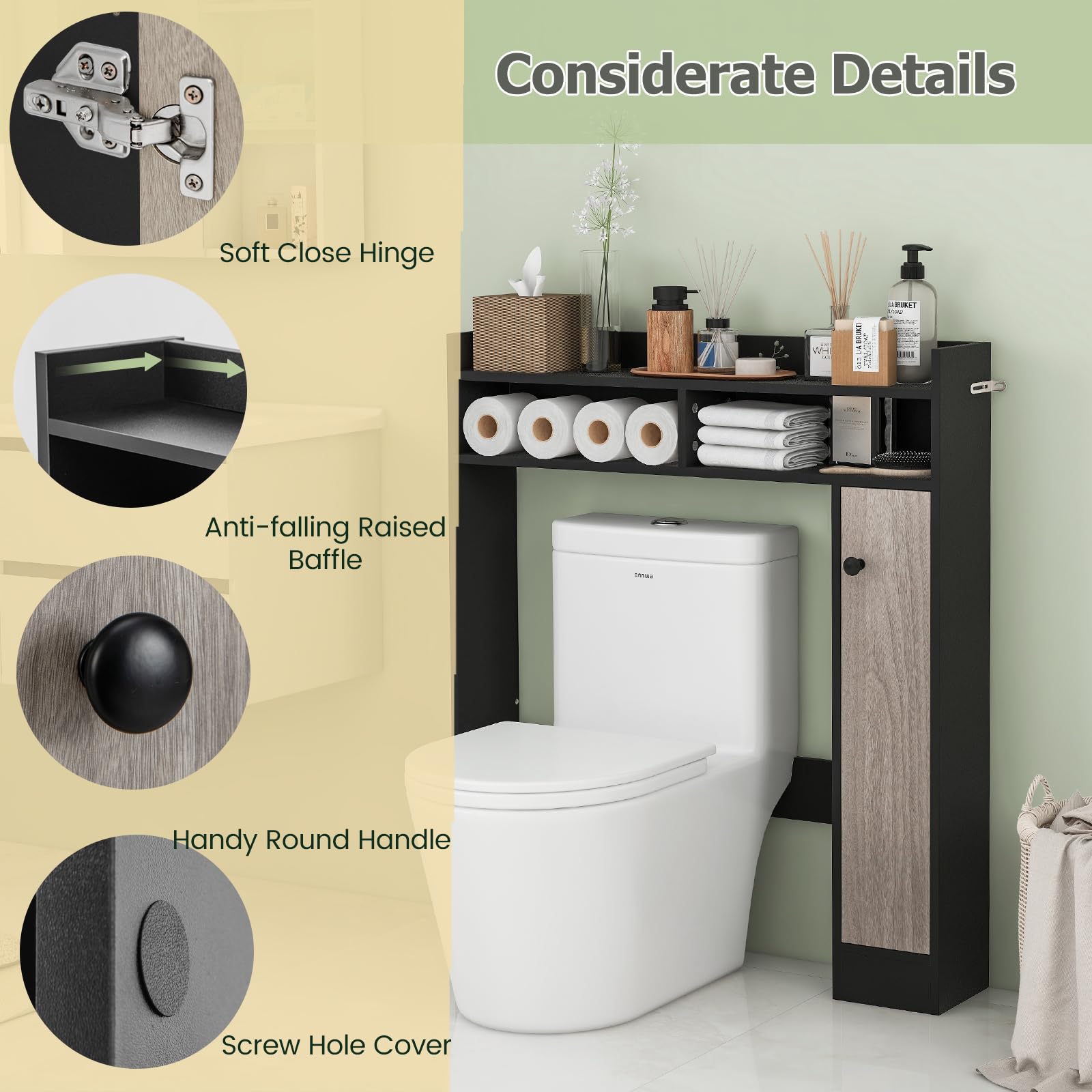 LIFEZEAL Estantería sobre Inodoro para Baño, Mueble de Almacenamiento con una Puerta Encima Inodoro, Armario con Estantes y Barra Ajustables, Organizador de Baño, Ahorro de Espacio (Negro)