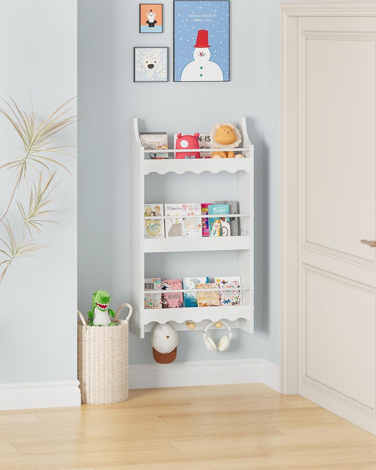 Wall Bookshelf for Kids, 3-Tier Kids Bookshelf for Wall, Floating Book Shelves with 3 Hooks & Guardrails, for Kids' Room, Living Room, Nursery, White and Natural MCW43WB