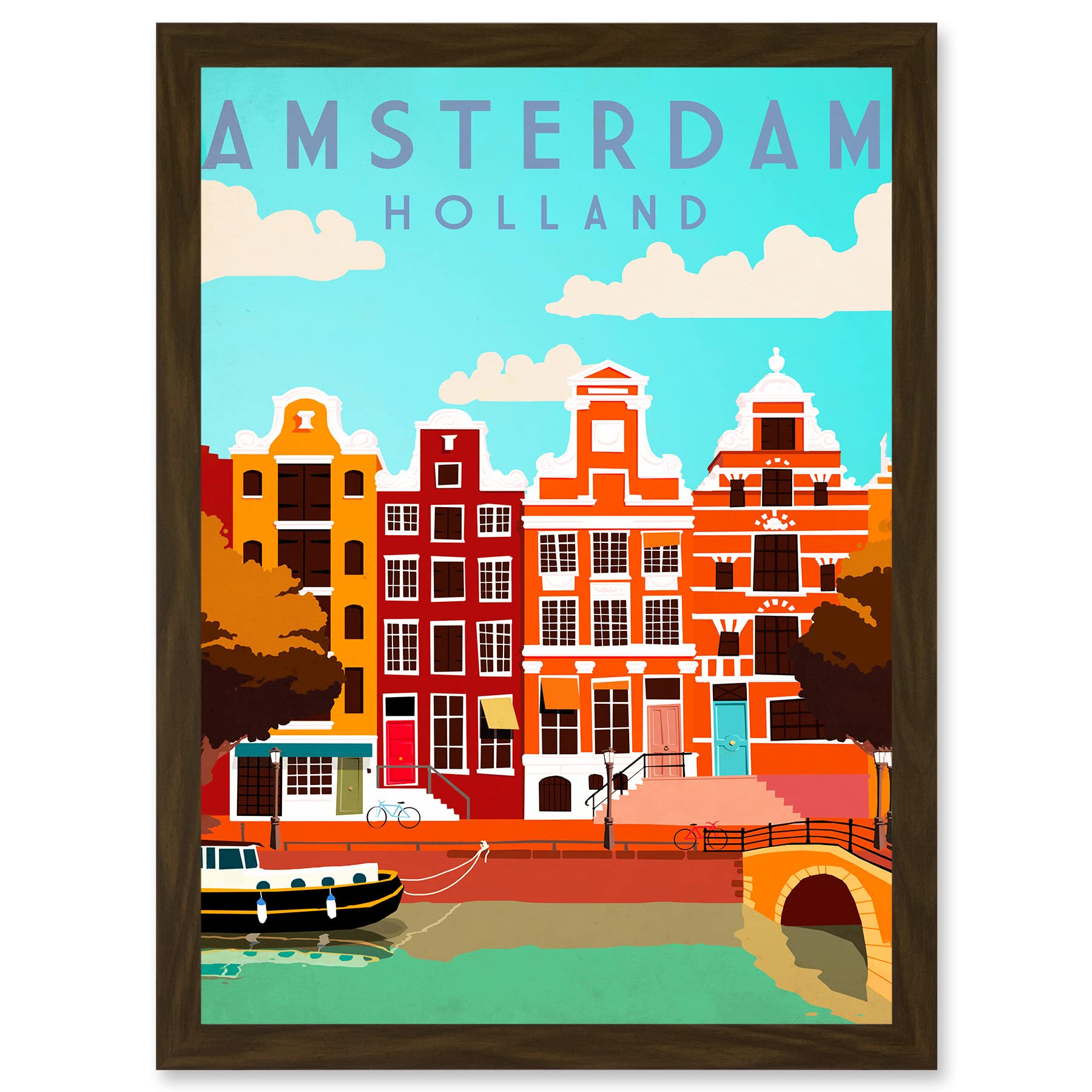 Artery8 Travel Tourism Amsterdam Holland Netherlands Canal Boat Houses Colourful A4 Artwork Framed Wall Art Print