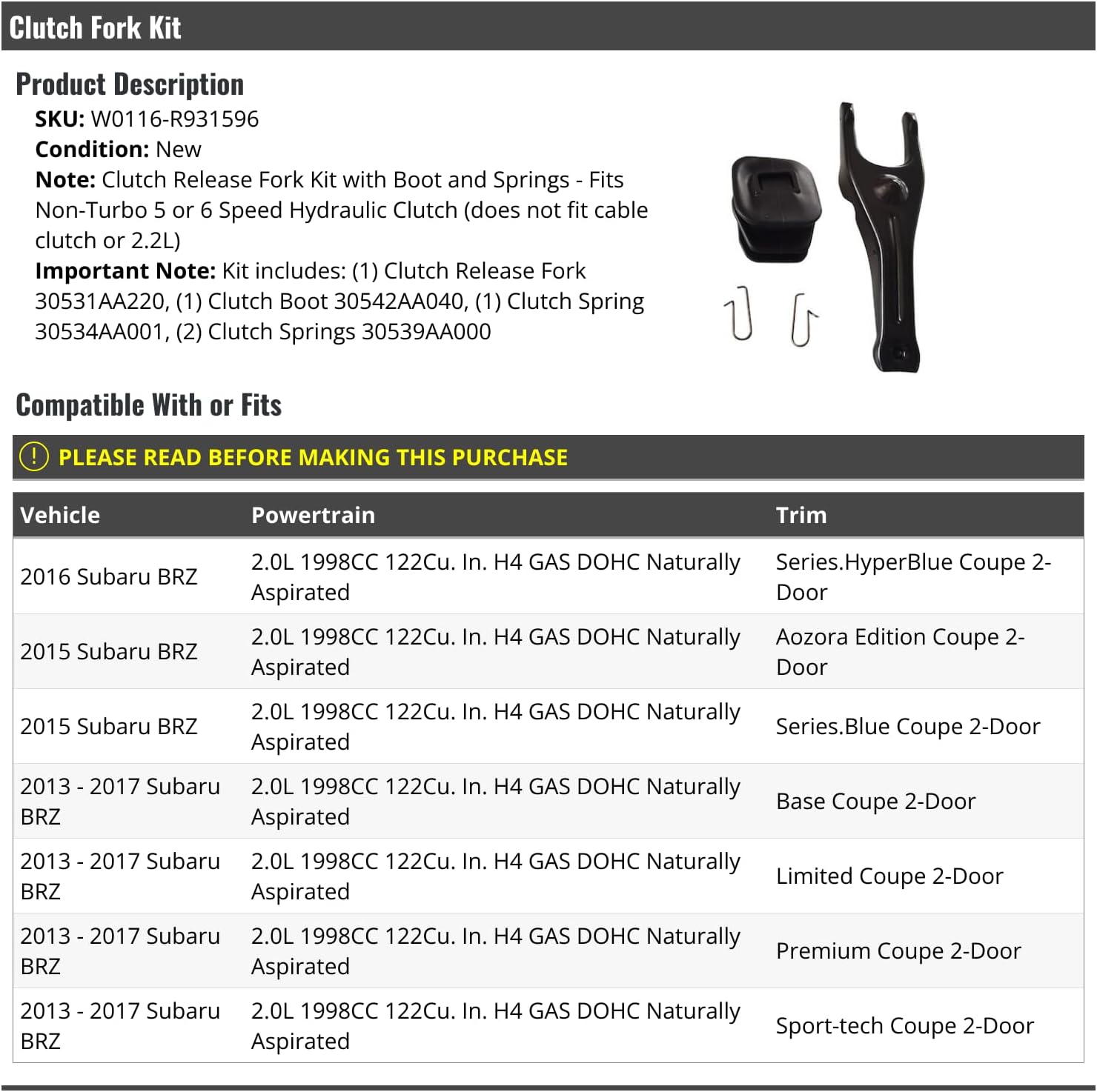 Marketplace Auto Parts Clutch Release Fork Kit with Boot and Springs - Compatible with 2013-2017 Subaru BRZ 2.0L (Fits Non-Turbo 5 or 6 Speed Hydraulic Clutch)