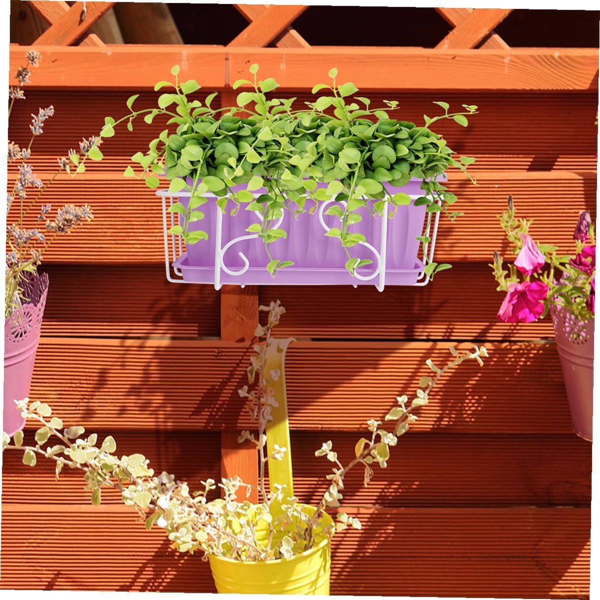 Rectangular Hanging Planter Box for Vegetable Growing with White Iron Frame and Tray, Medium Purple Garden Flower Pot for Balcony and Railing Gardening