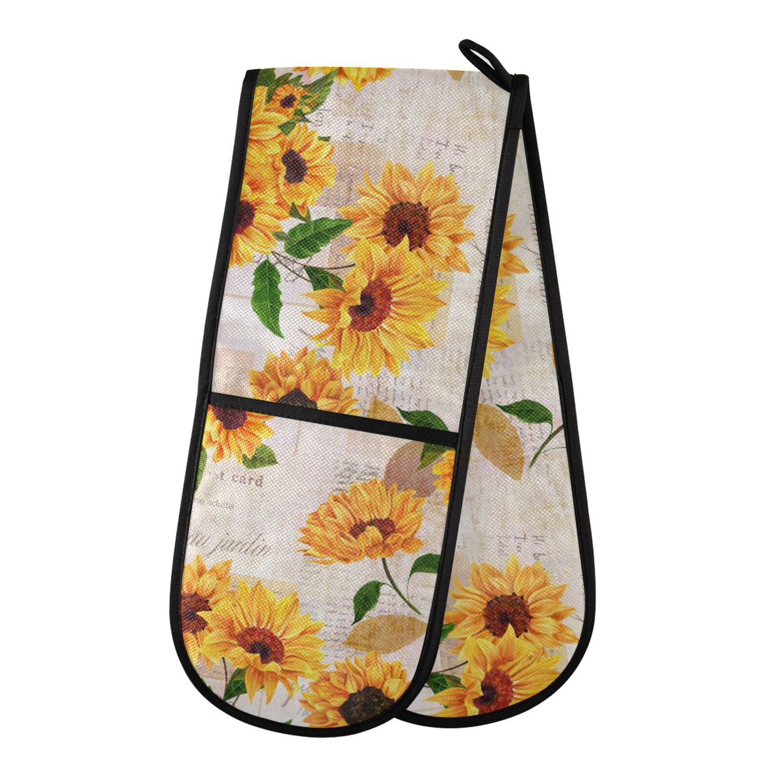 Youjuner Colour 86 Double Oven Glove Vintage Sunflower Heat Resistant Double Ovens Mitt Modern Cooking Gloves Potholders