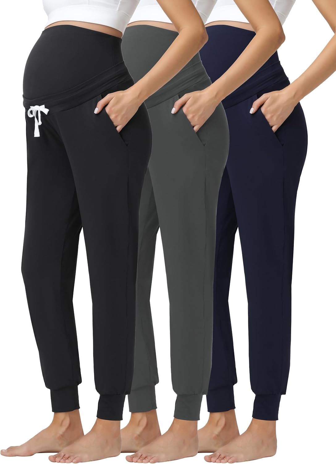Foucome Women's Maternity Pants Over Belly Stretchy Drawstring Pregnancy Joggers Sweatpants with Pockets