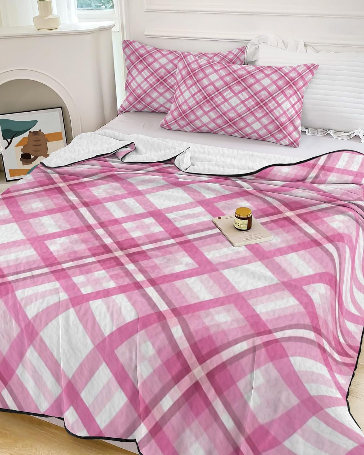 Full Size Quilt Set, Watercolor White Pink Check Lightweight Bedspread Coverlet Set Soft Microfiber Summer Quilt with 2 Pillow Shams, Abstract Geometric Art 3 Piece Comforter Bedding Set