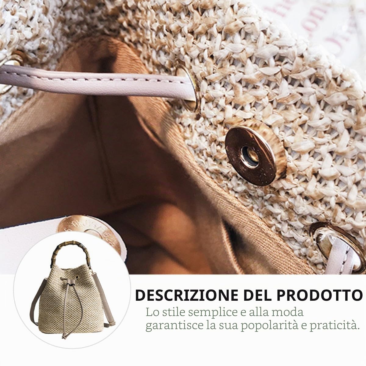 Borsa Paglia a Secchiello Tracolla, in Lino e Poliestere, Color Kaki, Semplice alla Moda, per Appuntamenti e Viaggio