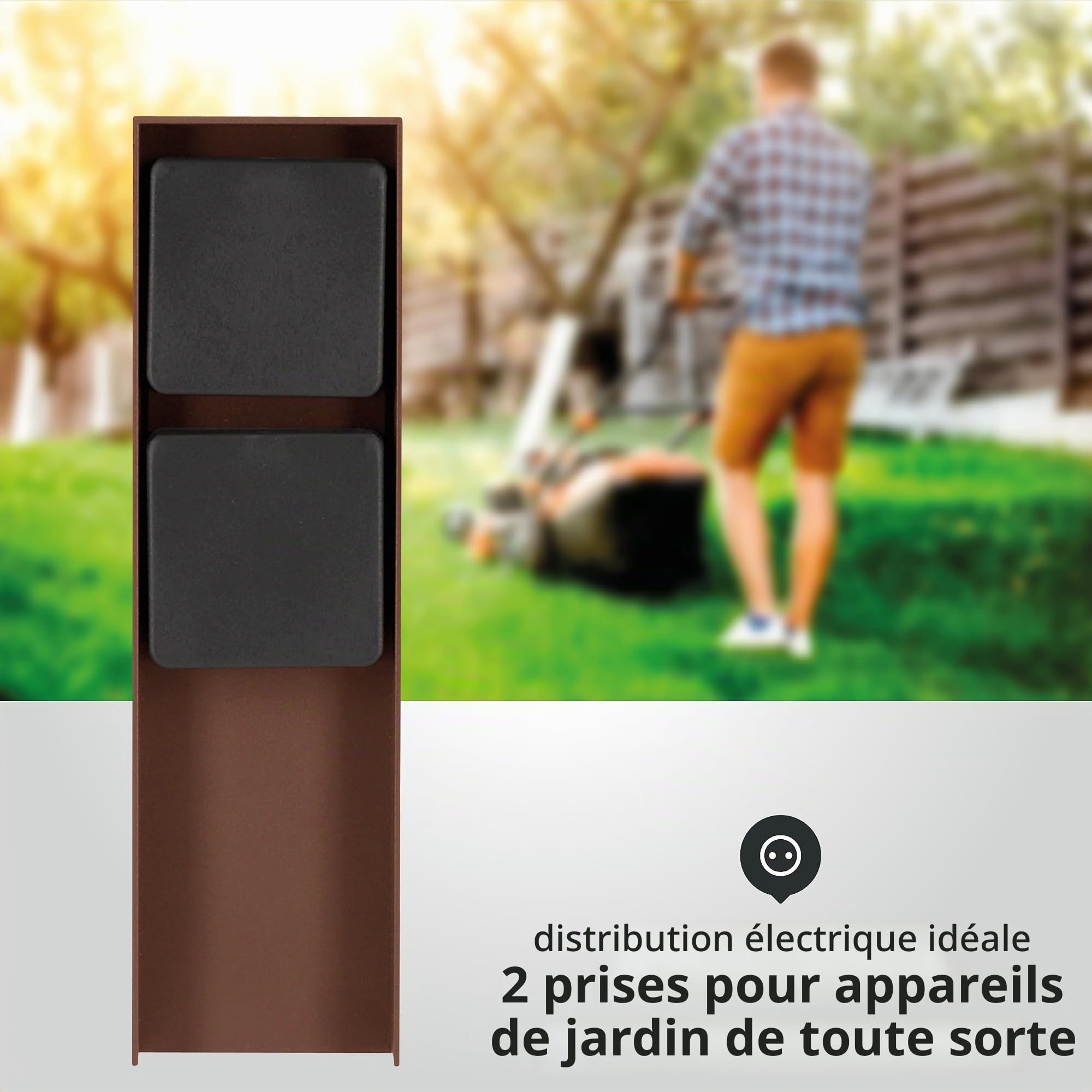 LED Universum - Prise extérieure « ADAM », marron rouille avec couvercles noirs, 2 emplacements, acier inoxydable revêtu par pulvérisation, câblée pour connecter des outils de jardin ou des