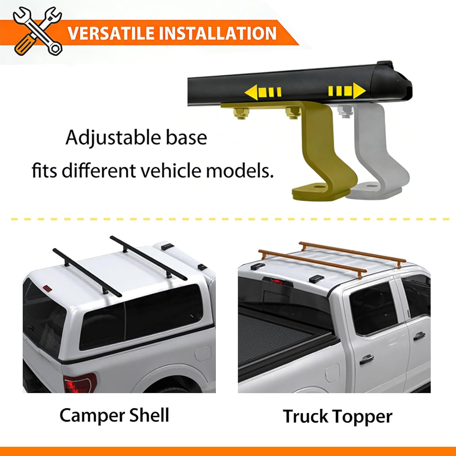 Universal Adjustable Truck Cap Rack Roof Ladder Rack Compatible with Van & Pickup Truck Cap & Topper (Drilling Required), 2 Bar Black Aluminum Camper Shell Roof Rack Cross Bars Crossbar