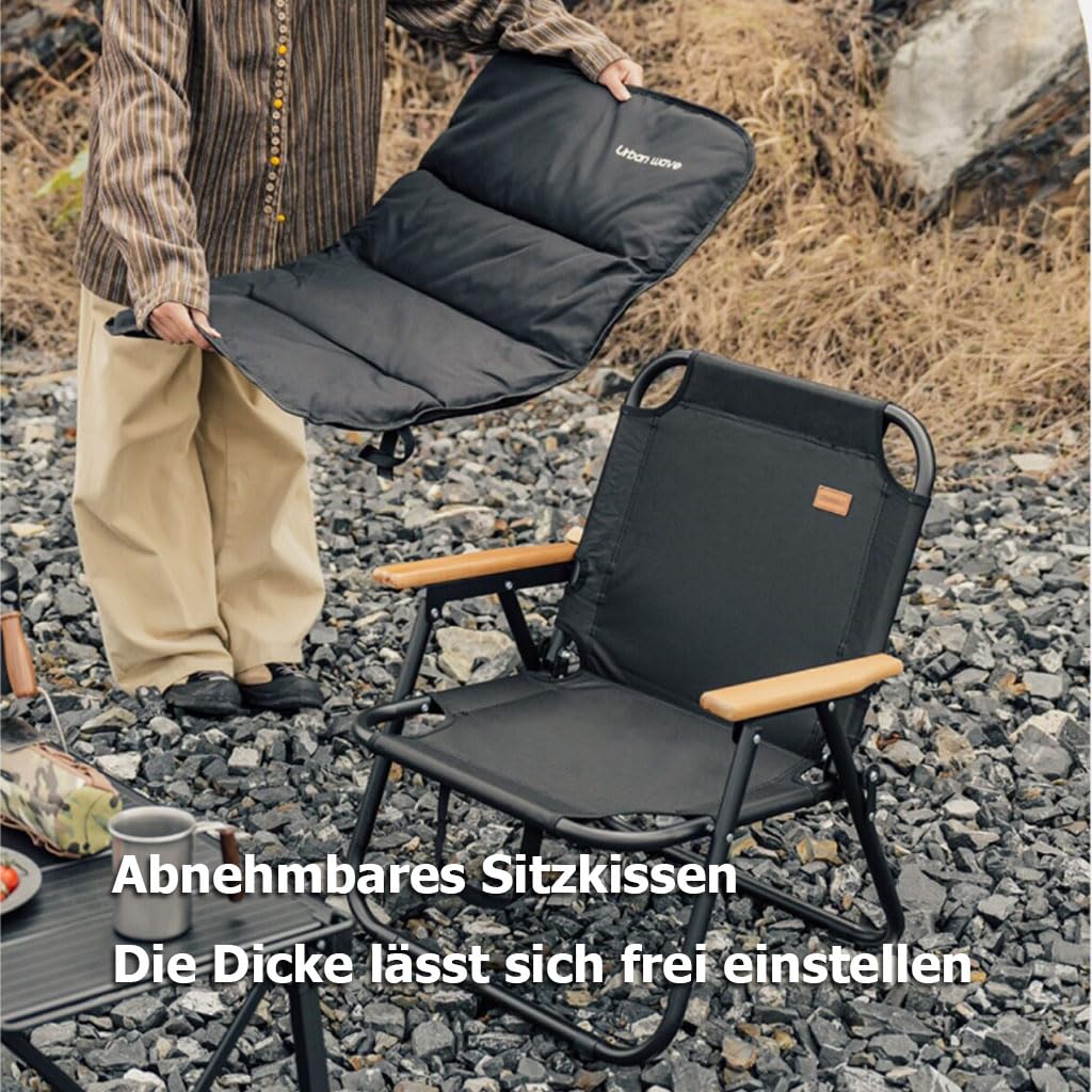 Großer Campingstuhl Klappstuhl mit Holzarmlehnen, Gepolsterter Gartenstühle Tragbarer Outdoor Anglerstuhl, Weicher Camping Stuhl für Picknick Reisen Hinterhof