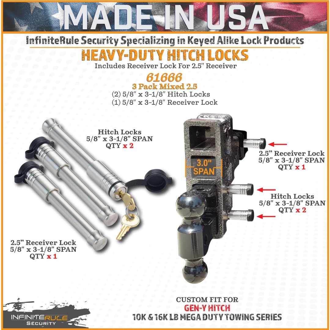 61666 | 3 Pack Mixed 2.5, Keyed Alike, Hitch Locks for Gen-Y Hitch Mega Duty 10K LB & 16K LB Series - Includes Lock for 2.5" Receiver