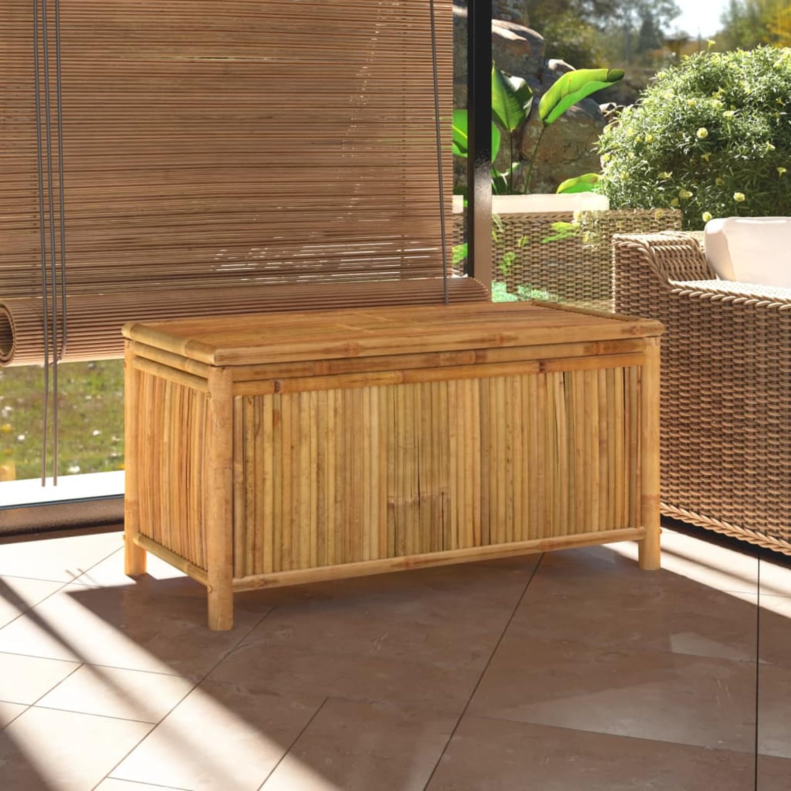 Homgoday Baúl de jardín con tapa y mucho espacio de almacenamiento, para jardín, balcón, terraza, 110 x 52 x 55 cm, bambú